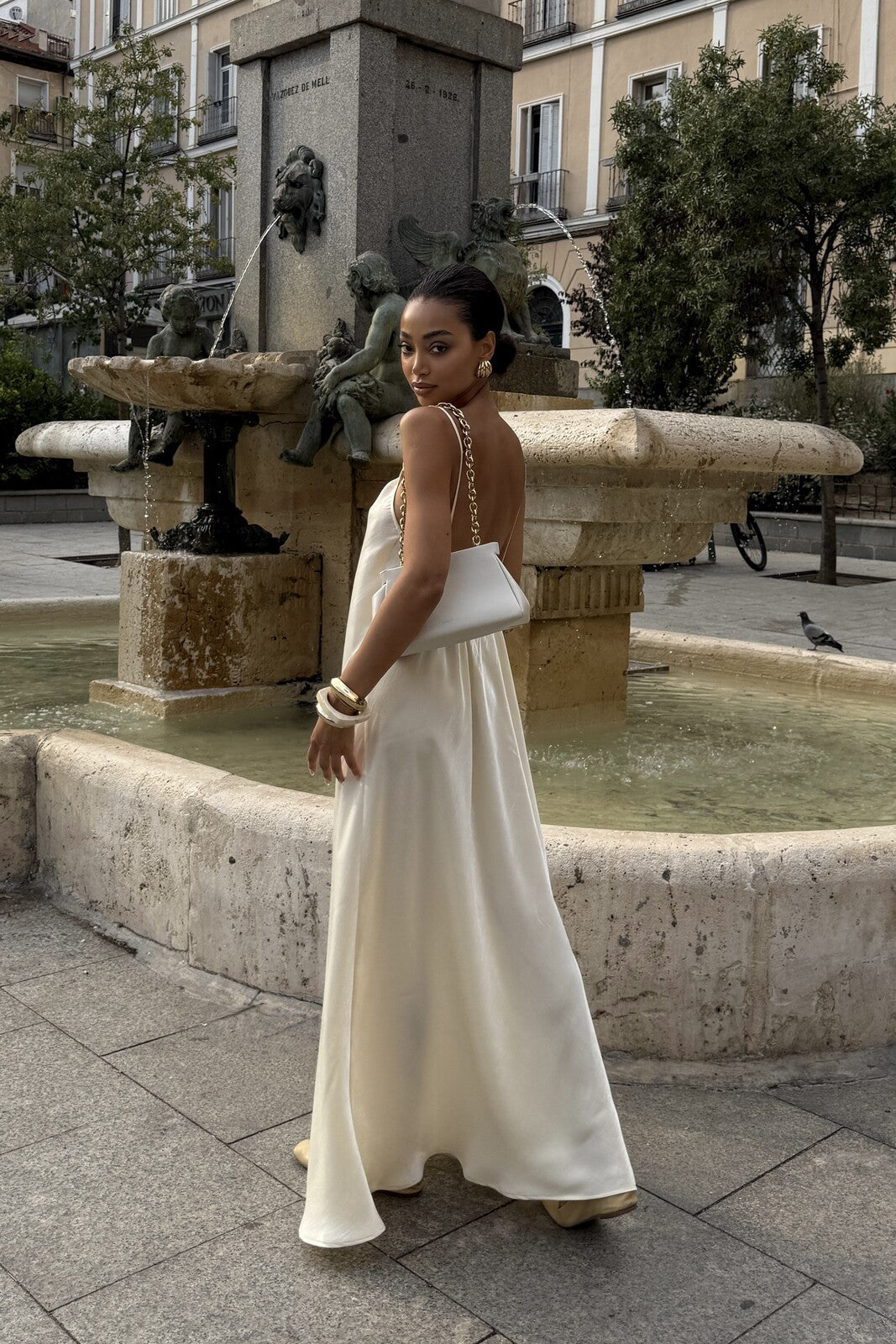 white dress with pearl straps MINIMALIST PEARL SATIN FLUID DRESS