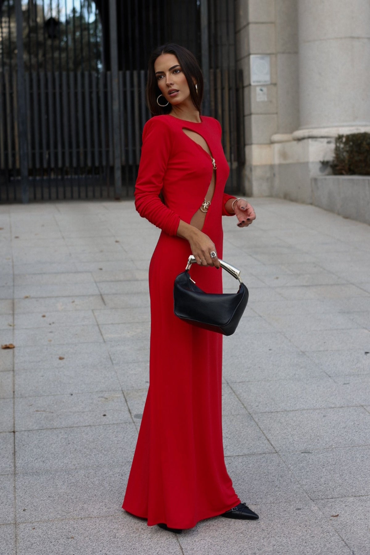 LONG RED DRESS WITH ASYMMETRICAL NECKLINE