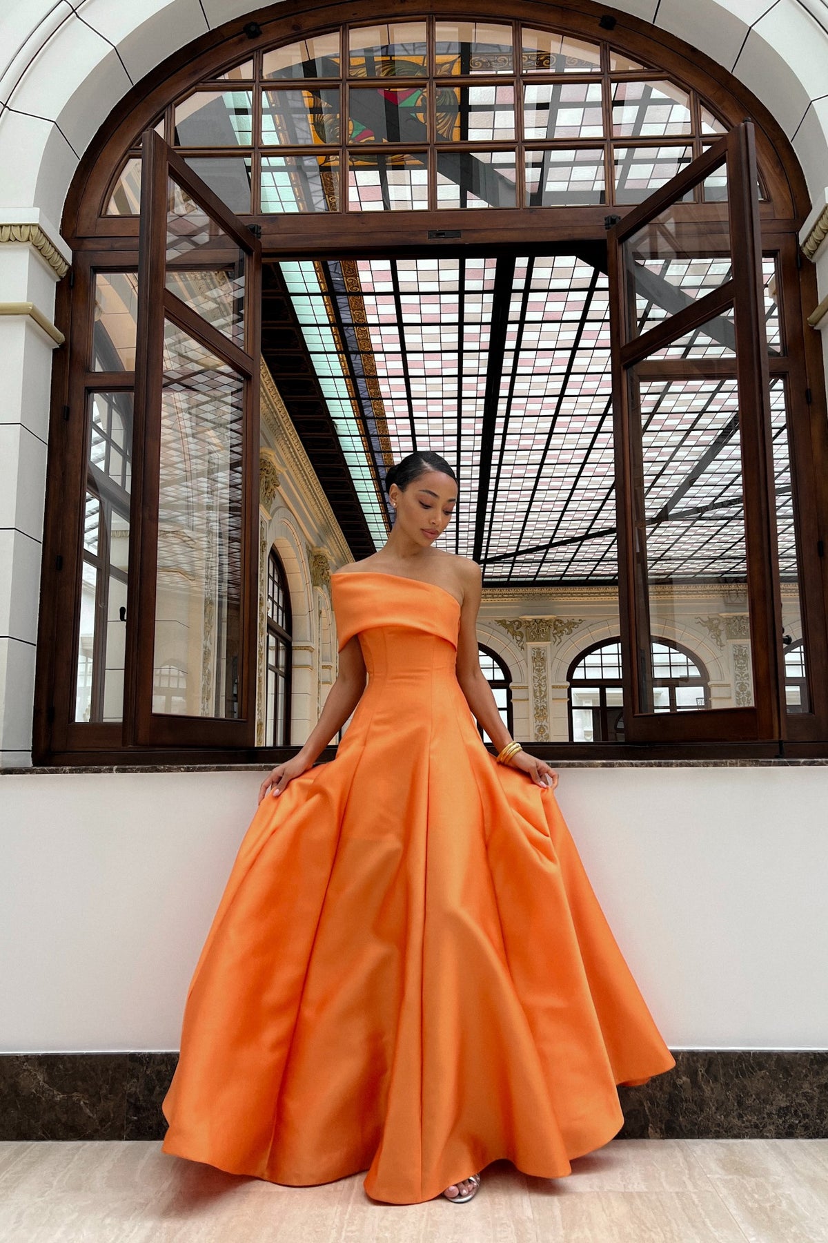 ORANGE MIKADO LONG DRESS