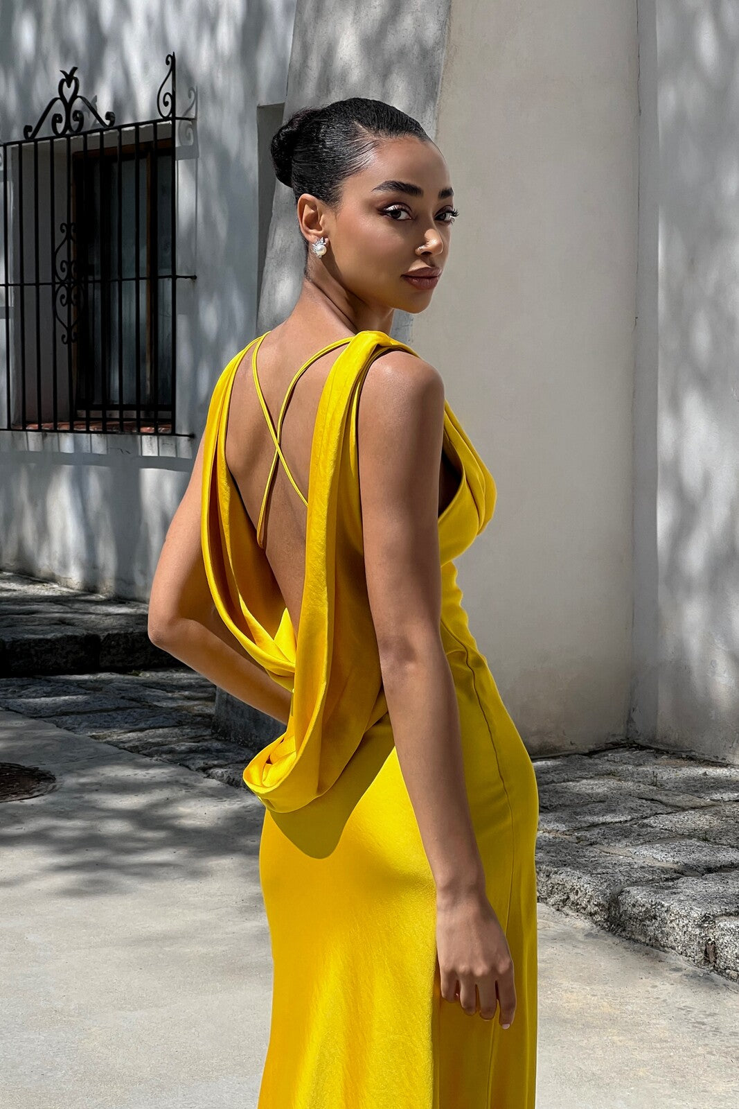 YELLOW DRESS WITH DRAPED NECKLINE