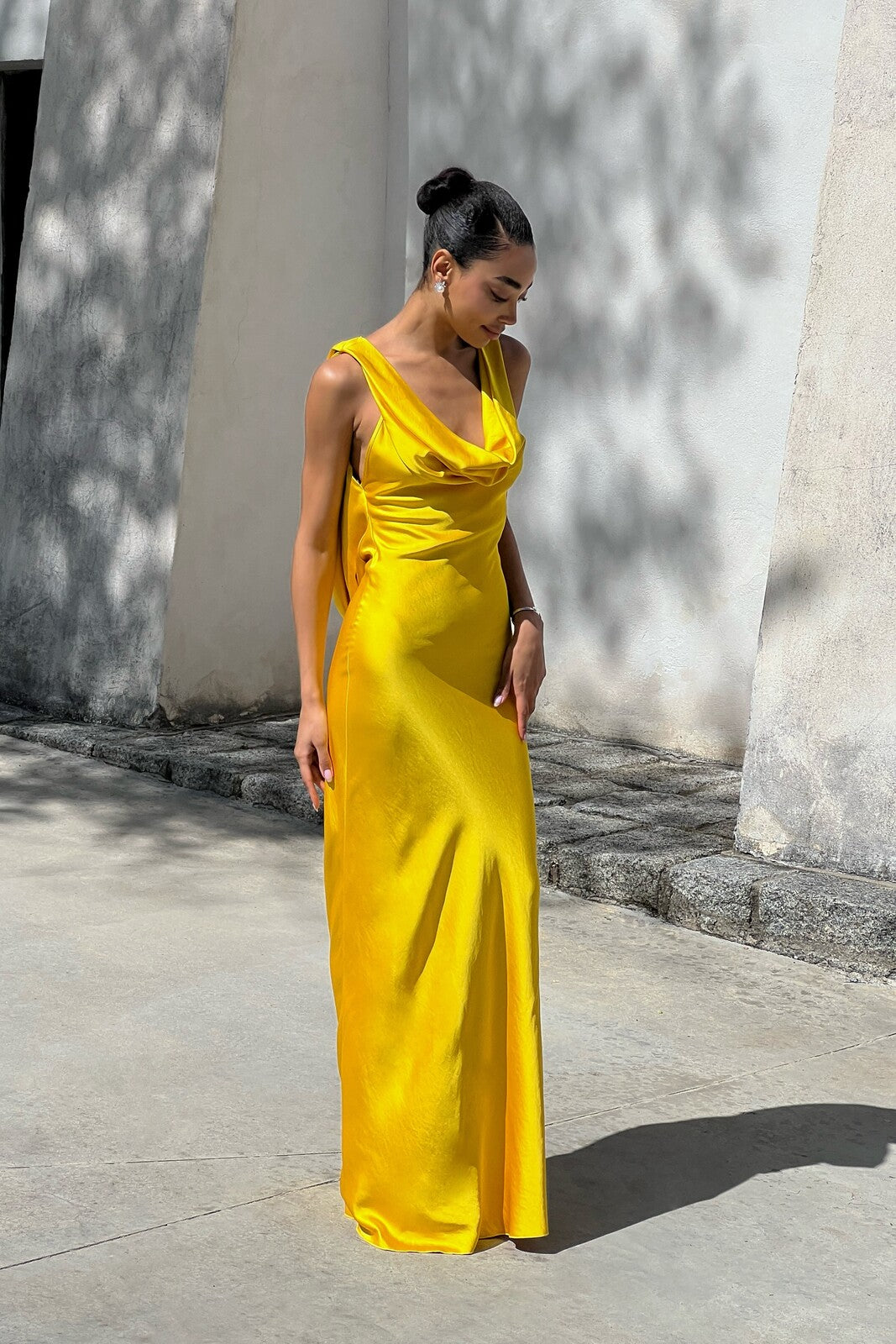 YELLOW DRESS WITH DRAPED NECKLINE