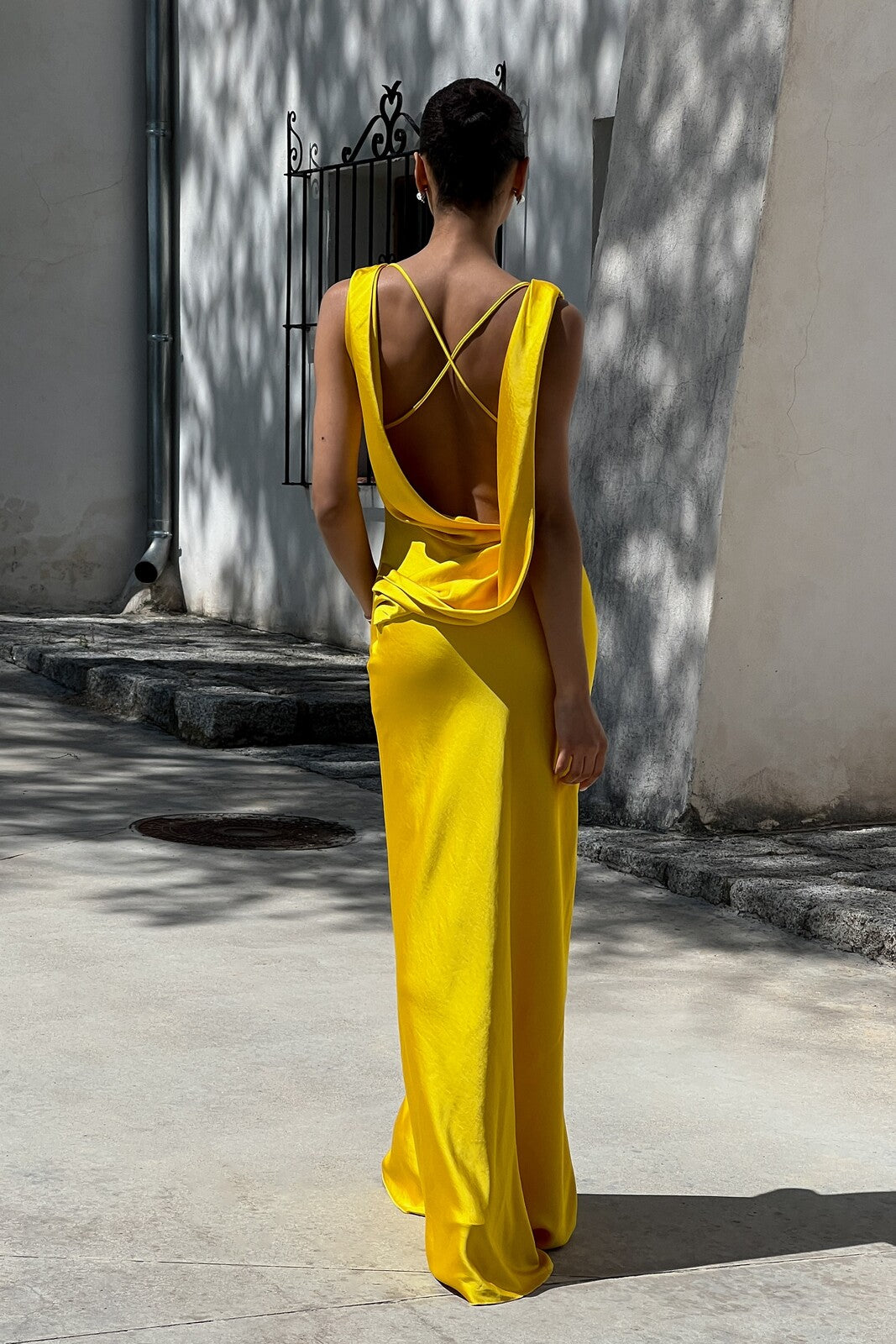 YELLOW DRESS WITH DRAPED NECKLINE