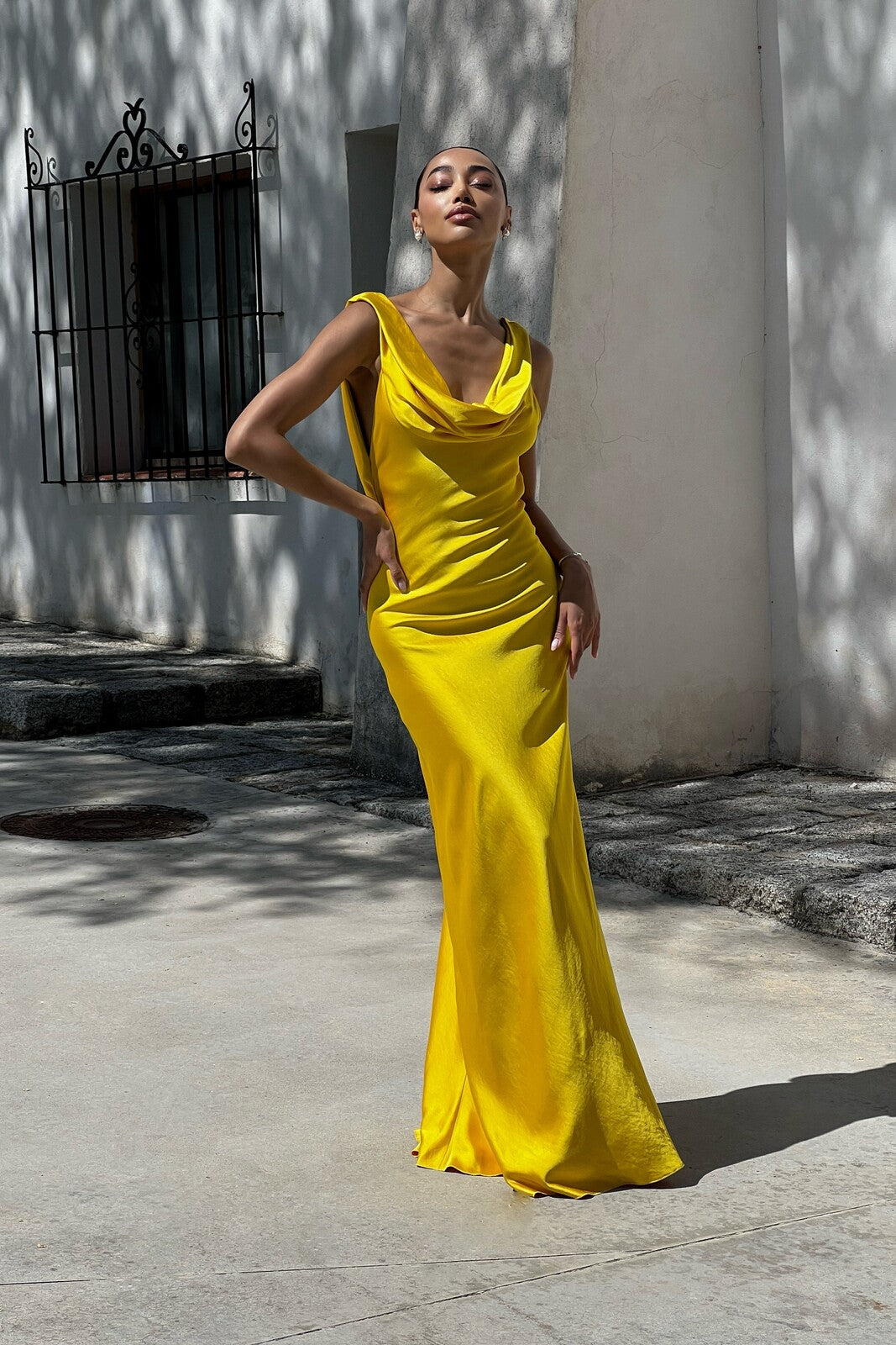 YELLOW DRESS WITH DRAPED NECKLINE