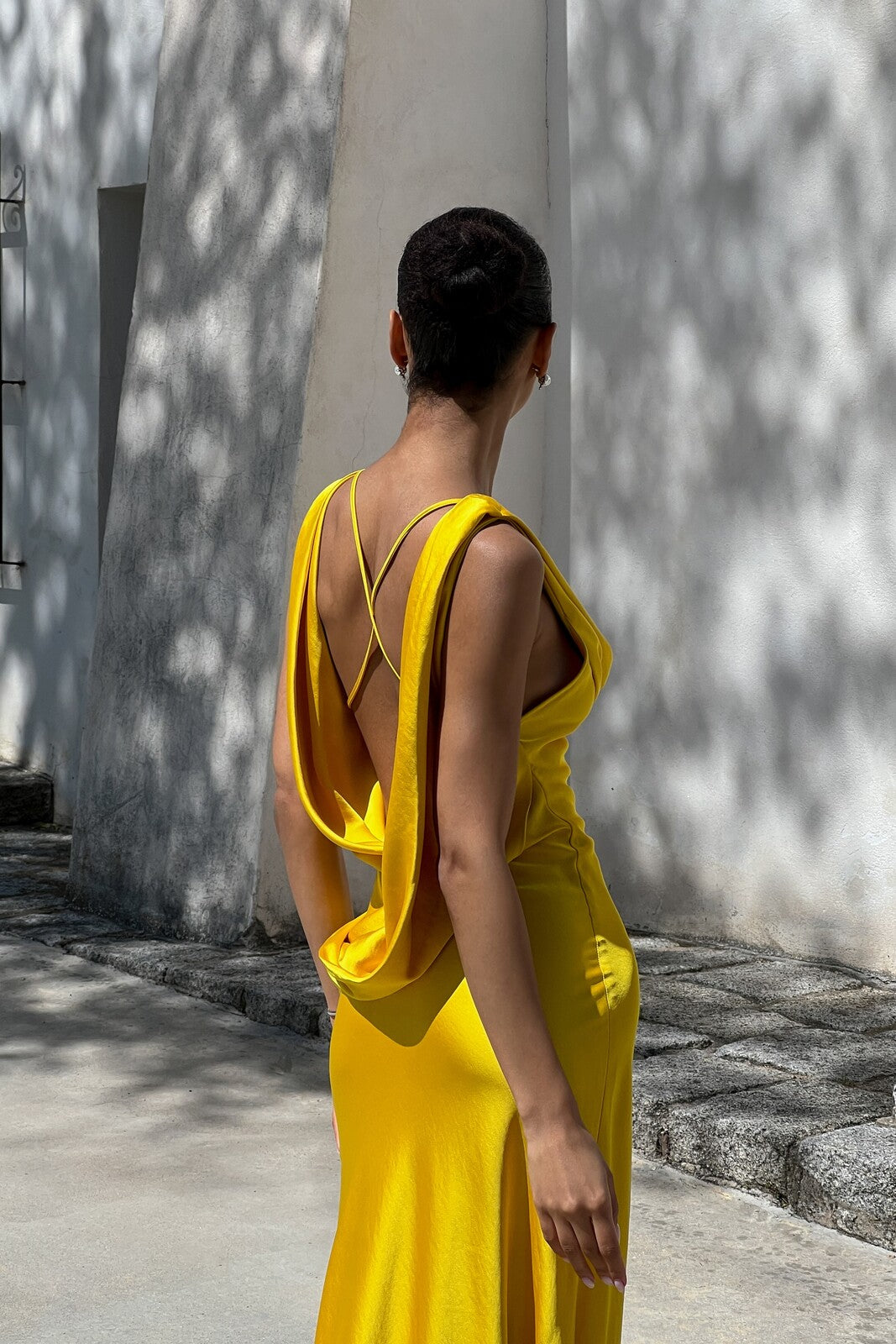 YELLOW DRESS WITH DRAPED NECKLINE