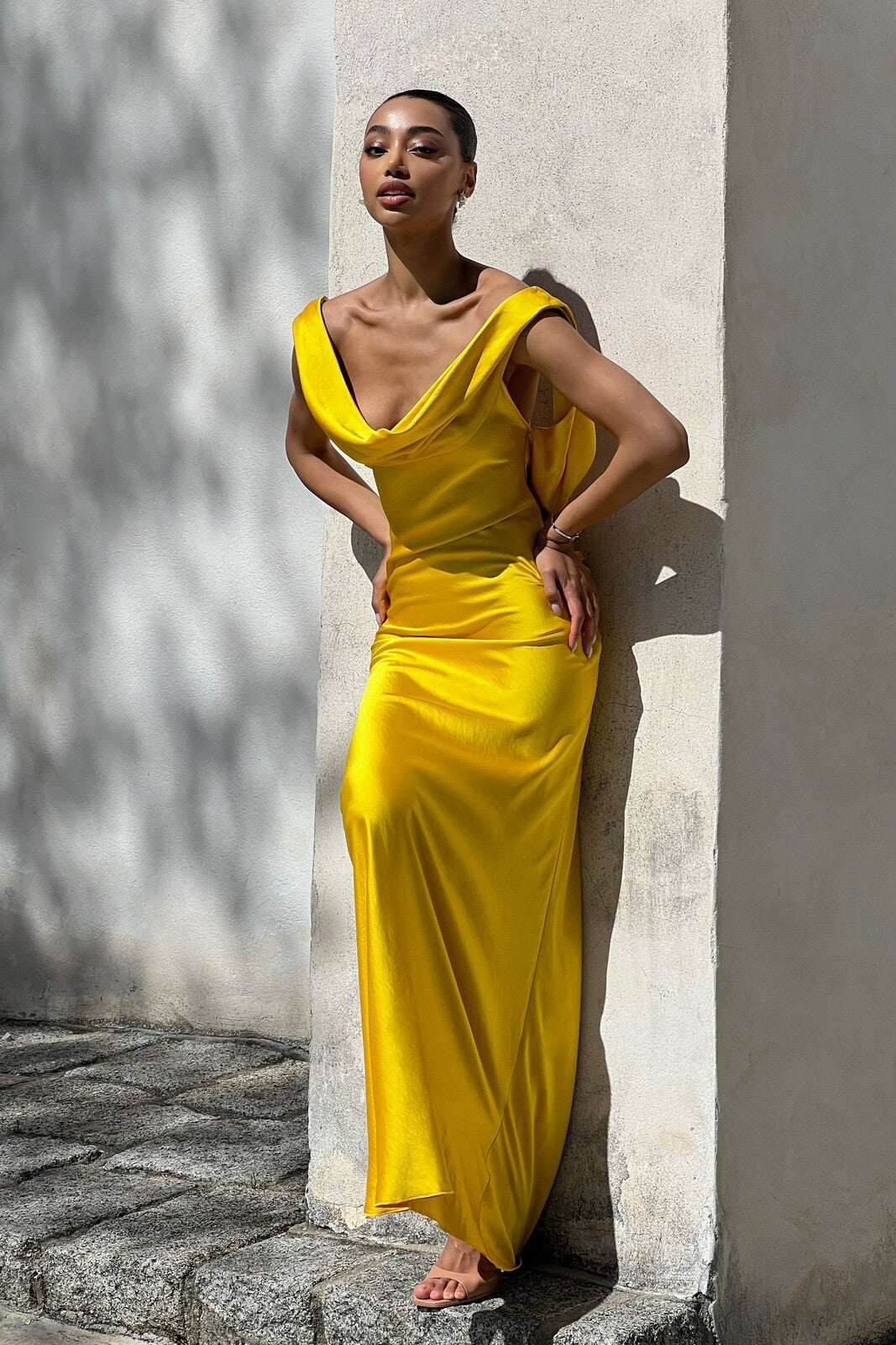 YELLOW DRESS WITH DRAPED NECKLINE