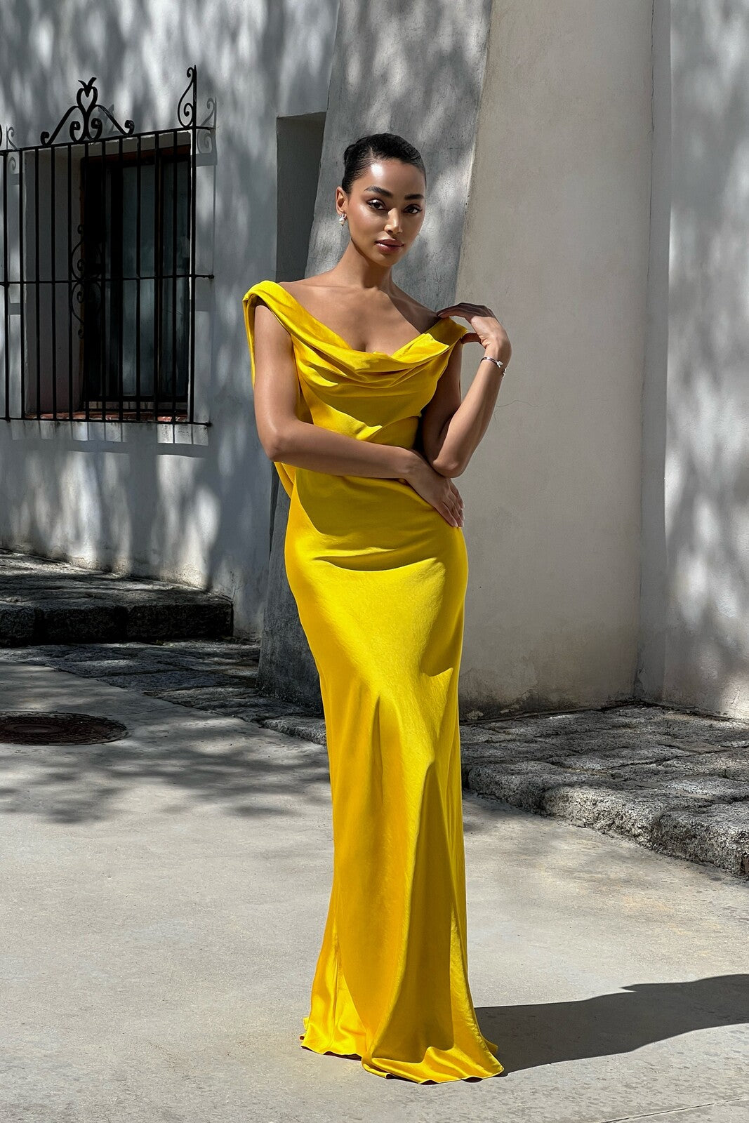 YELLOW DRESS WITH DRAPED NECKLINE