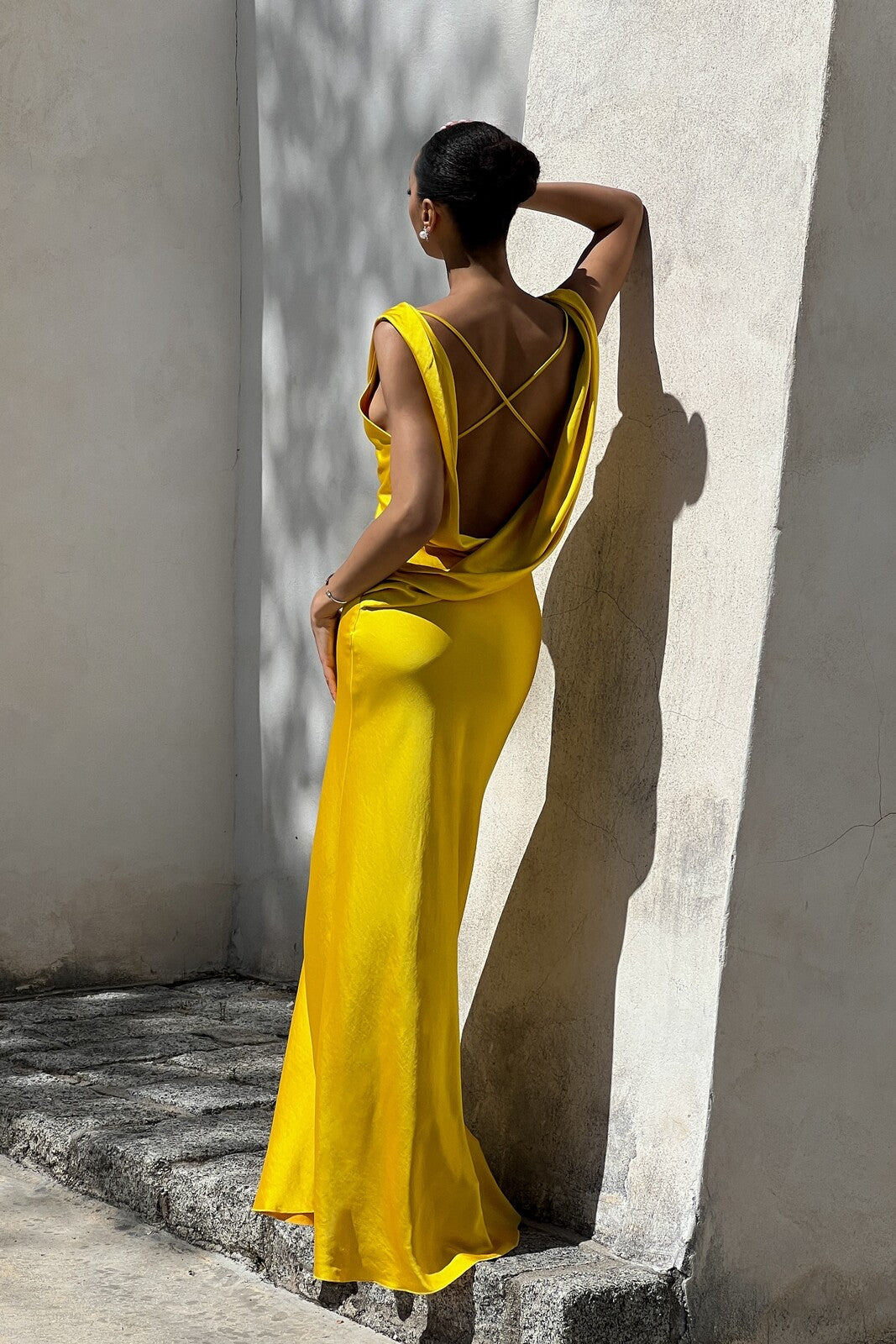 YELLOW DRESS WITH DRAPED NECKLINE