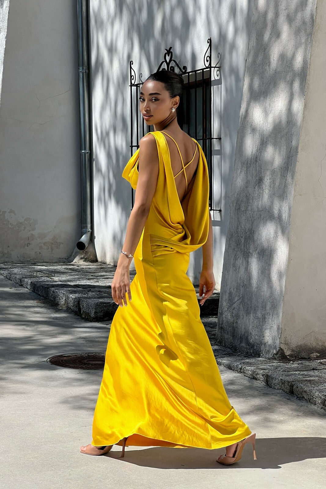 YELLOW DRESS WITH DRAPED NECKLINE