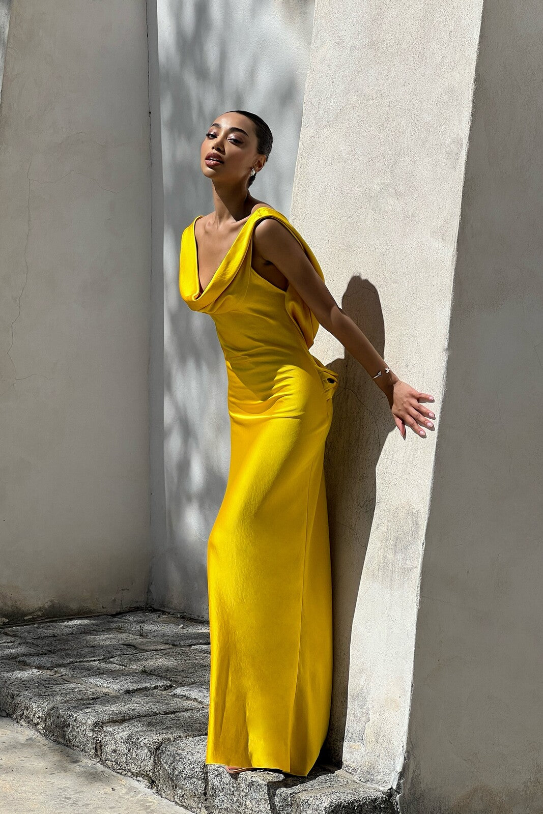 YELLOW DRESS WITH DRAPED NECKLINE
