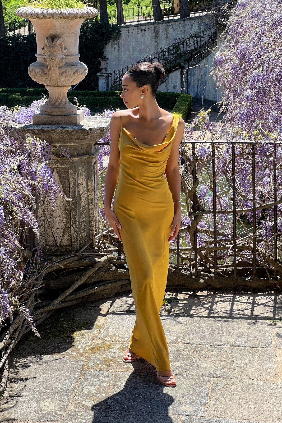 LONG FLOWY GOLD DRESS