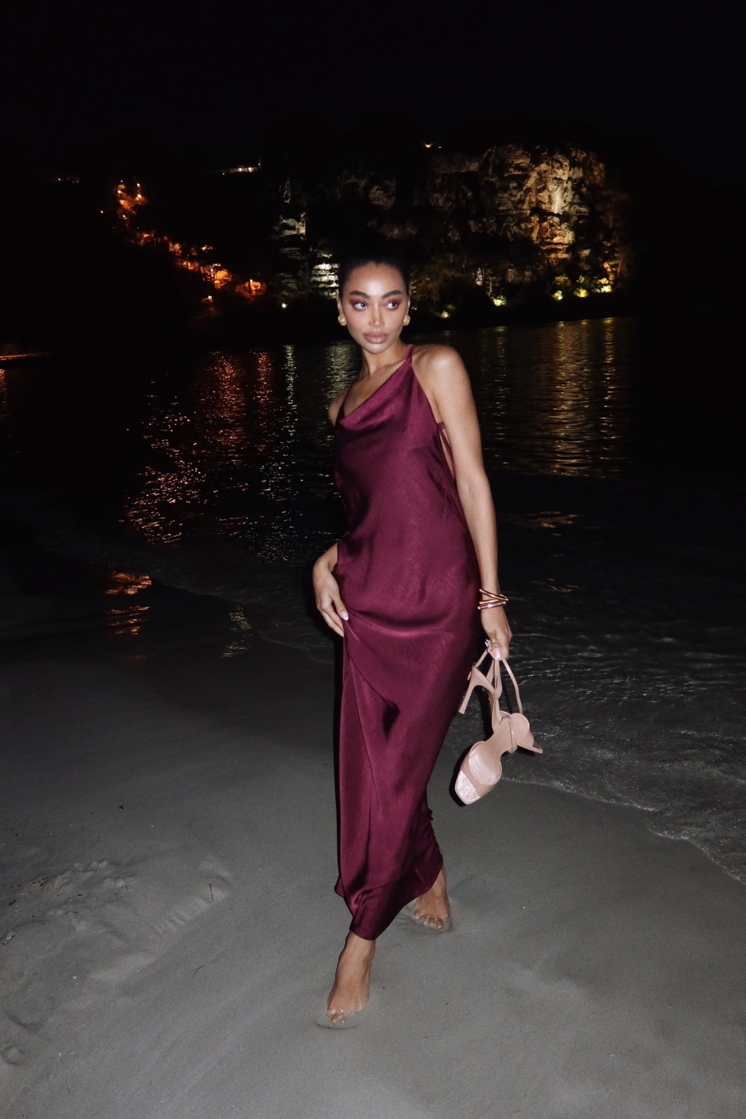 textured silk dress Women's Midi Dress With A Silk-Textured Boat Neckline And An Asymmetrical Hem Gold | Small
