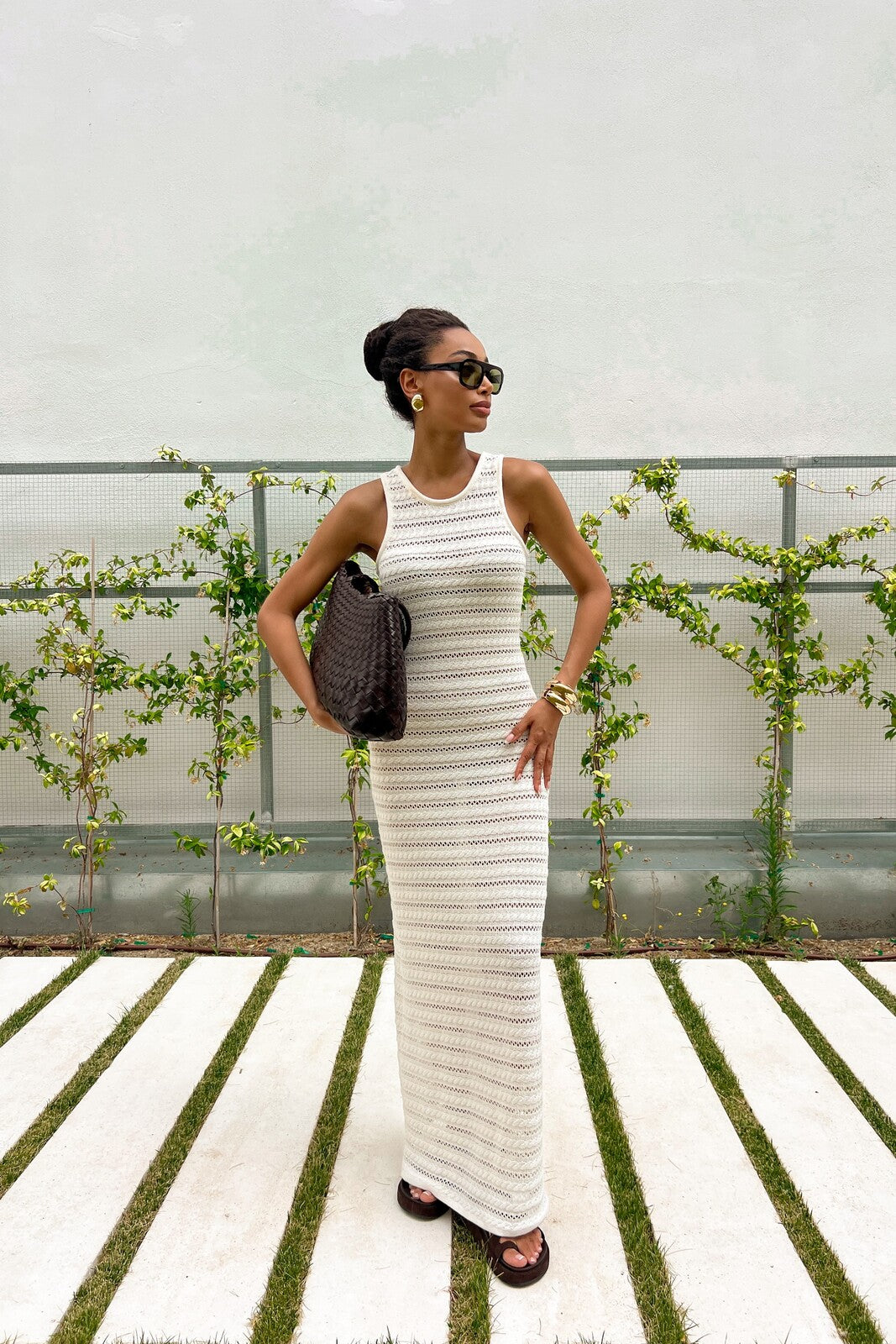 VESTIDO DE PUNTO PERLA CON PATRÓN DE TRENZA SIN FORRO