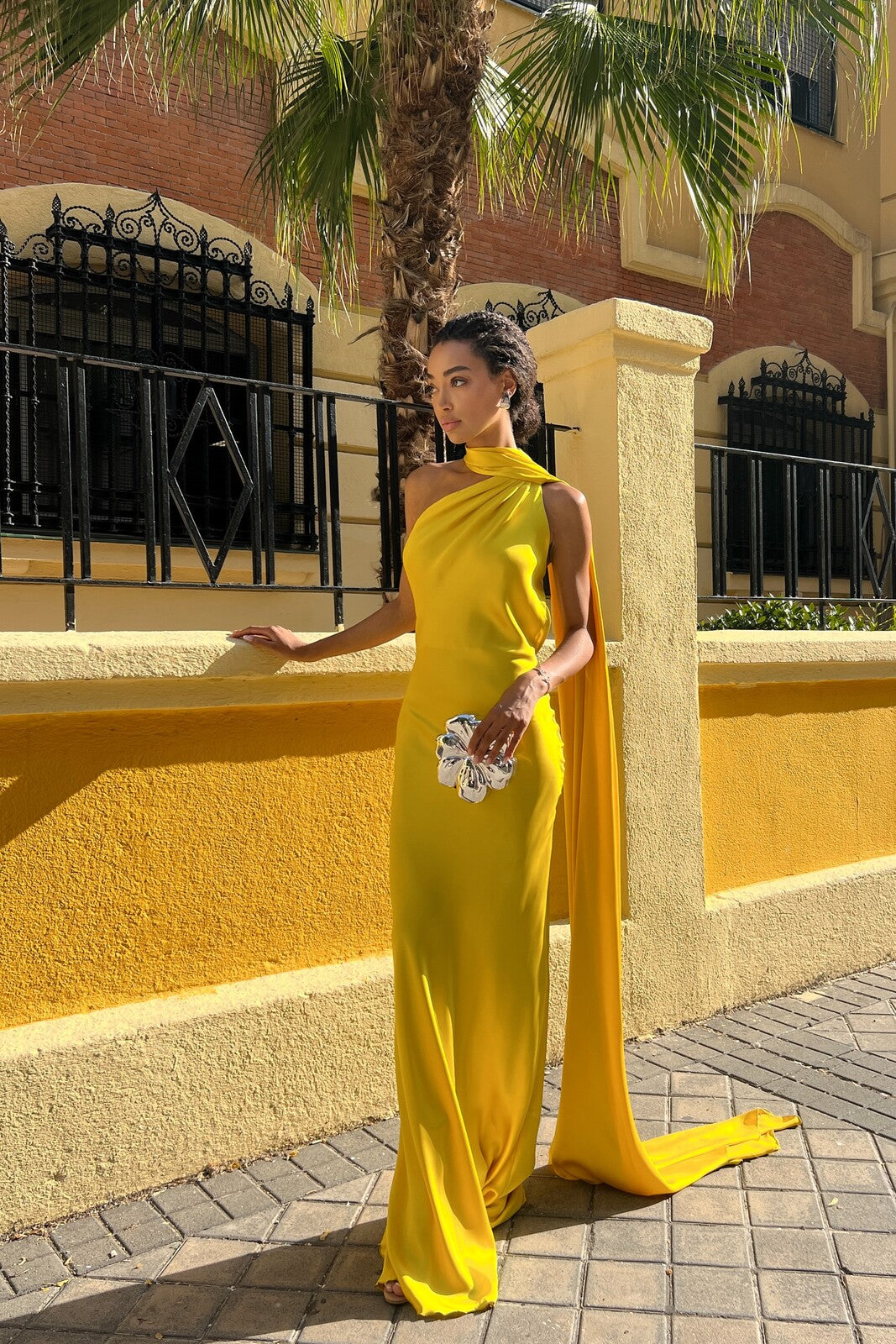 yellow cape dress Piroska Pearl Trim Shawl Detail Maxi Yellow floor Final Sale Luxury Beaded Yellow