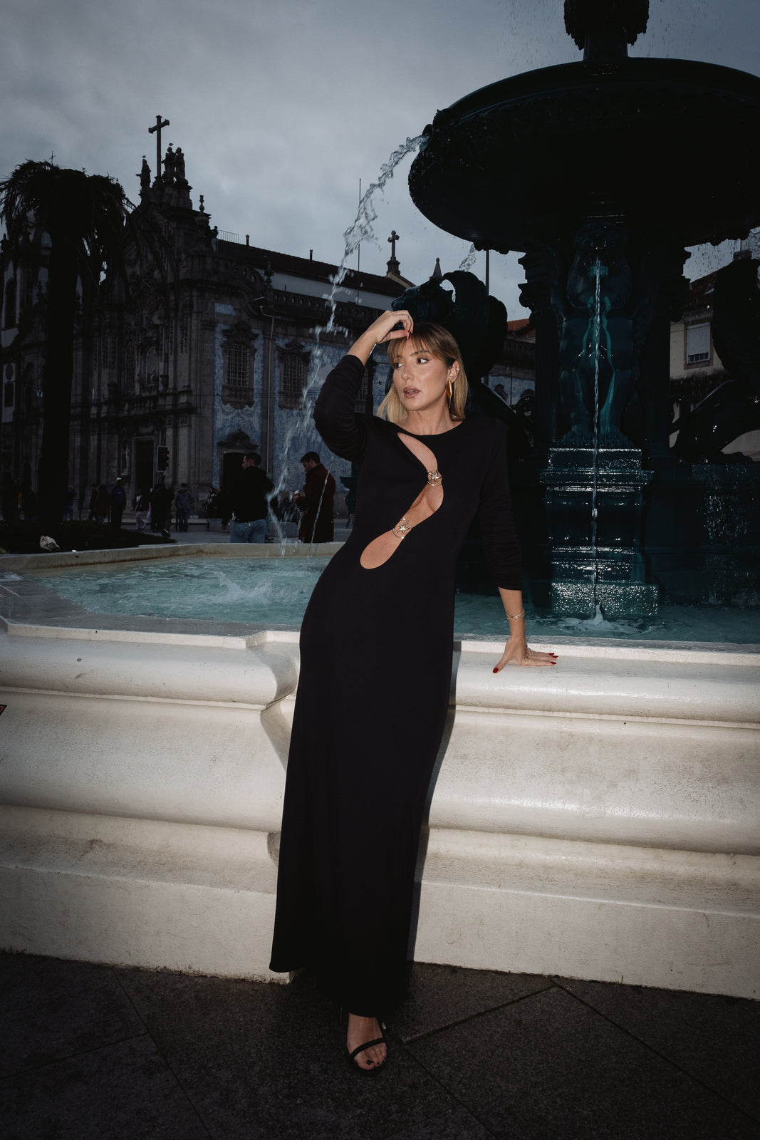 LONG BLACK DRESS WITH ASYMMETRICAL NECKLINE - KAO LONG BLACK DRESS WITH ASYMMETRICAL NECKLINE - KAO