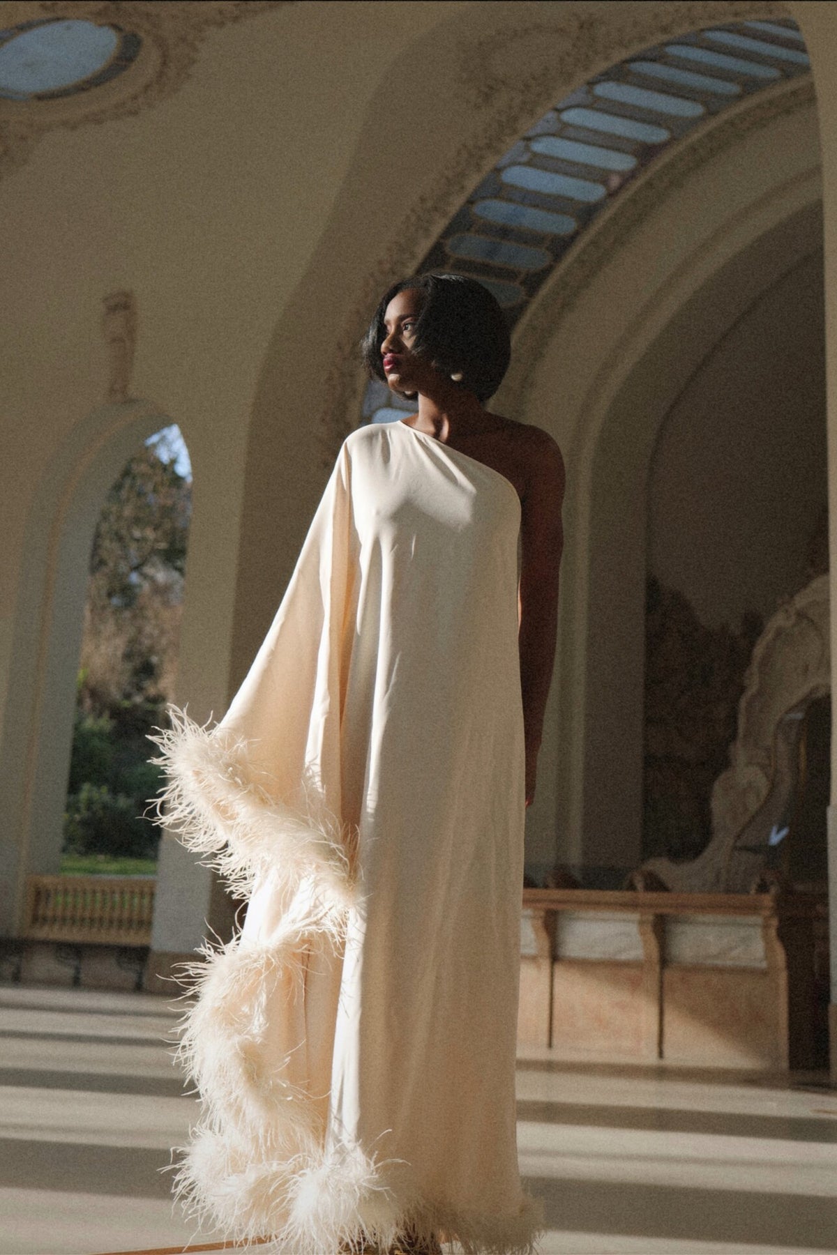 LONG PEARL DRESS WITH BAT SLEEVES