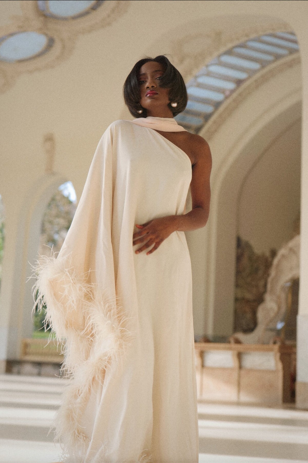 LONG PEARL DRESS WITH BAT SLEEVES