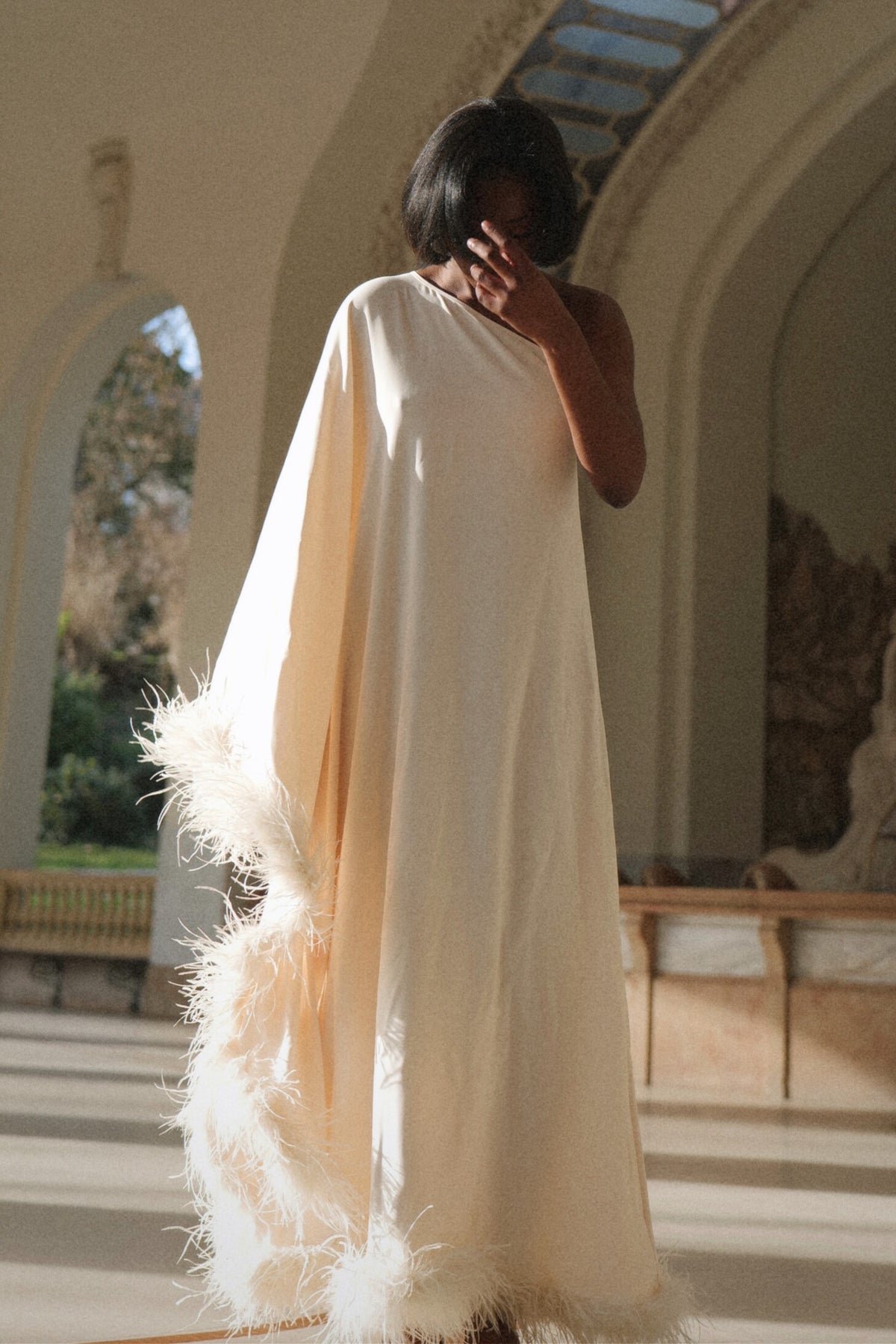 LONG PEARL DRESS WITH BAT SLEEVES