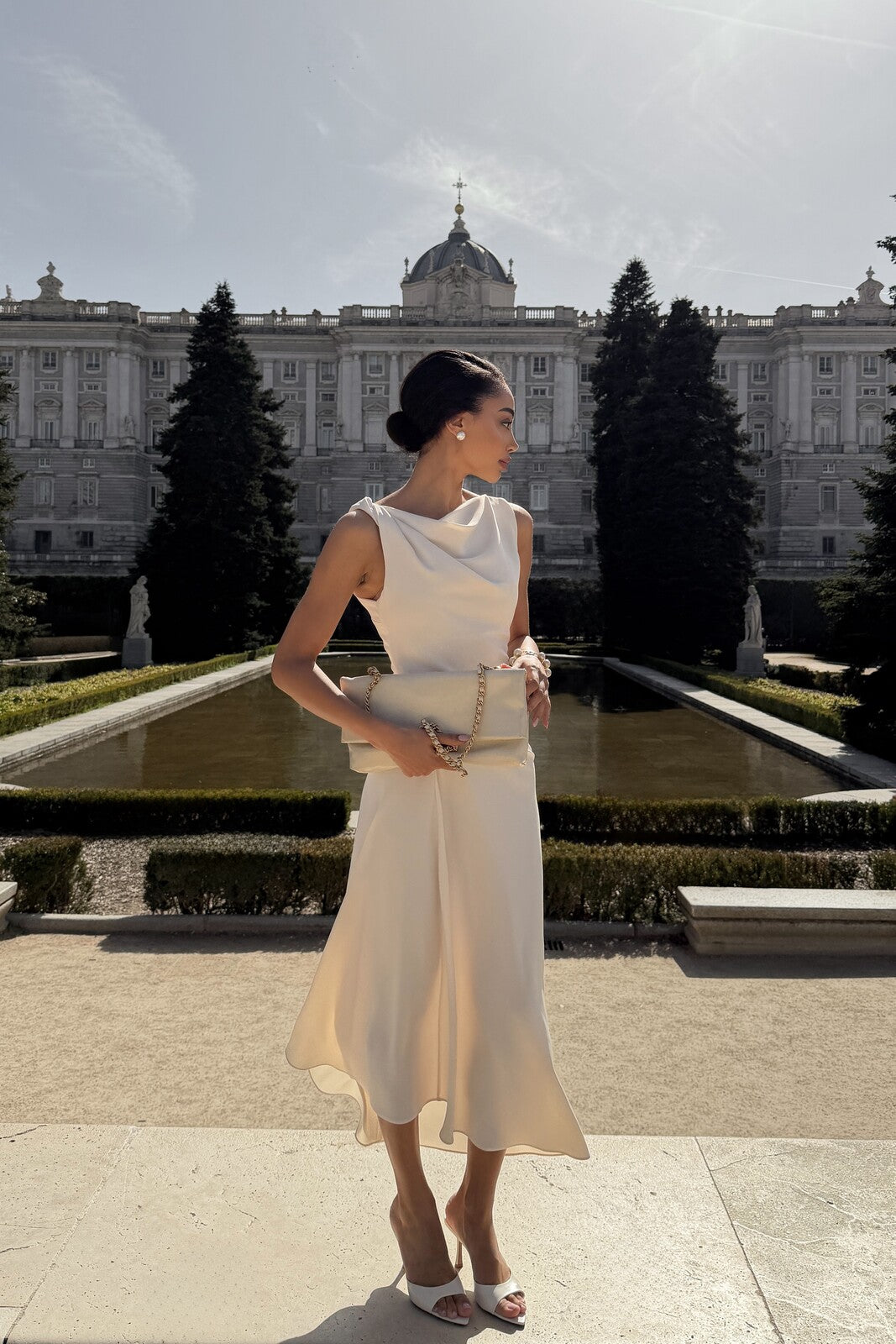 LIGHT BEIGE MIDI DRESS WITH DRAPED NECKLINE