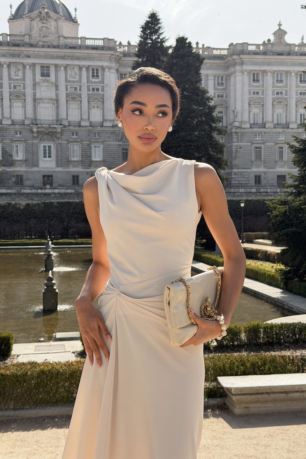 LIGHT BEIGE MIDI DRESS WITH DRAPED NECKLINE