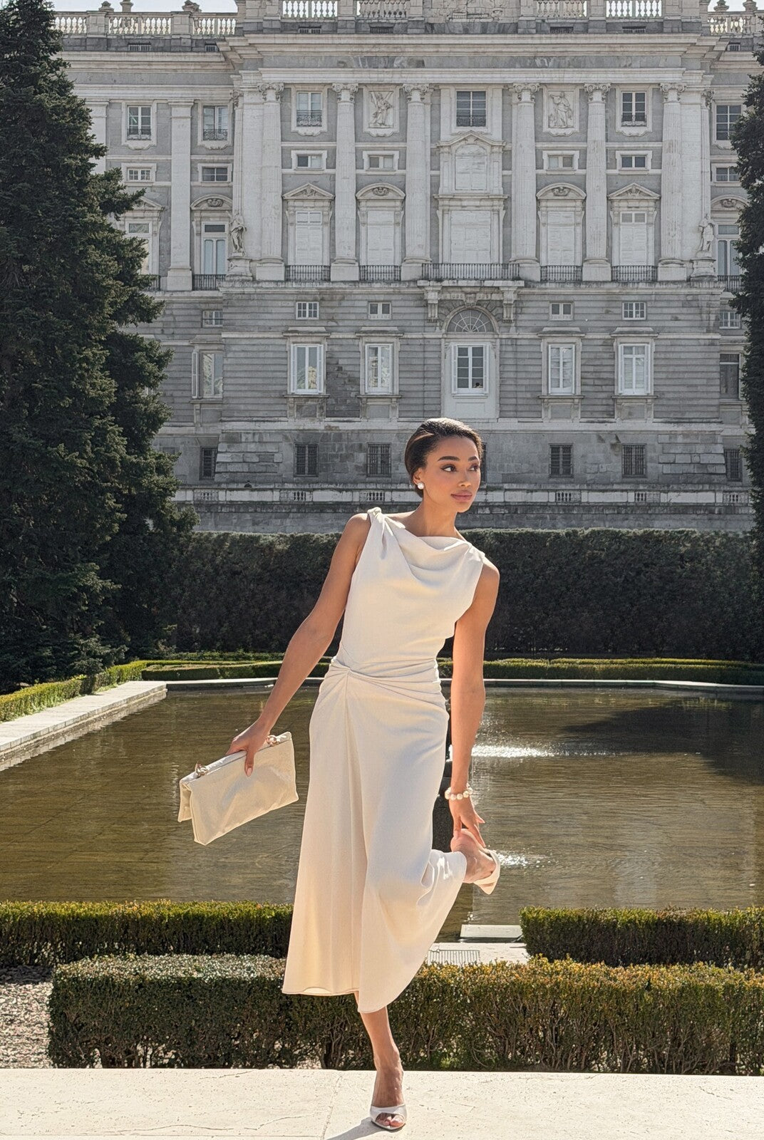 LIGHT BEIGE MIDI DRESS WITH DRAPED NECKLINE
