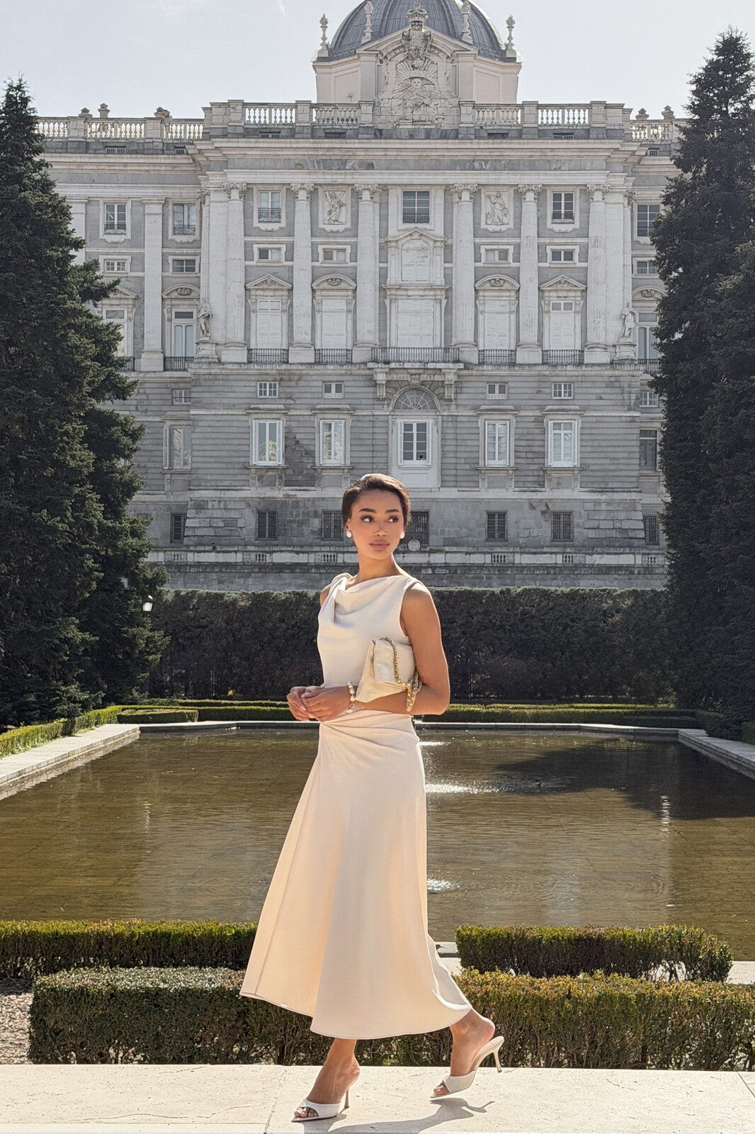 LIGHT BEIGE MIDI DRESS WITH DRAPED NECKLINE