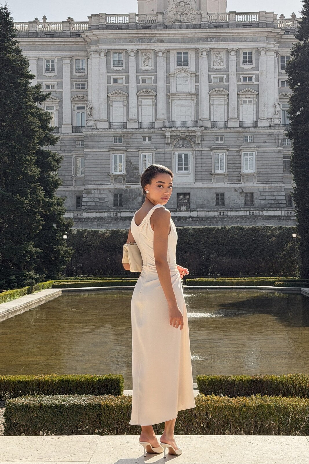 LIGHT BEIGE MIDI DRESS WITH DRAPED NECKLINE