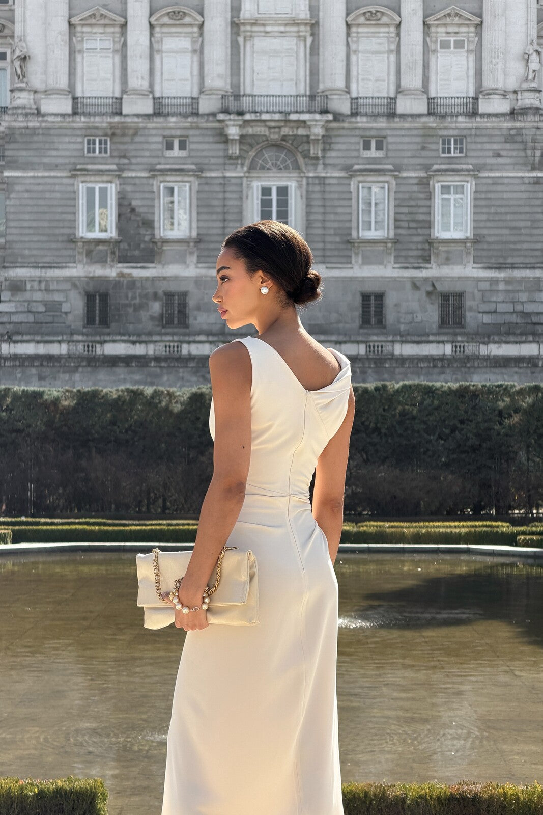 LIGHT BEIGE MIDI DRESS WITH DRAPED NECKLINE