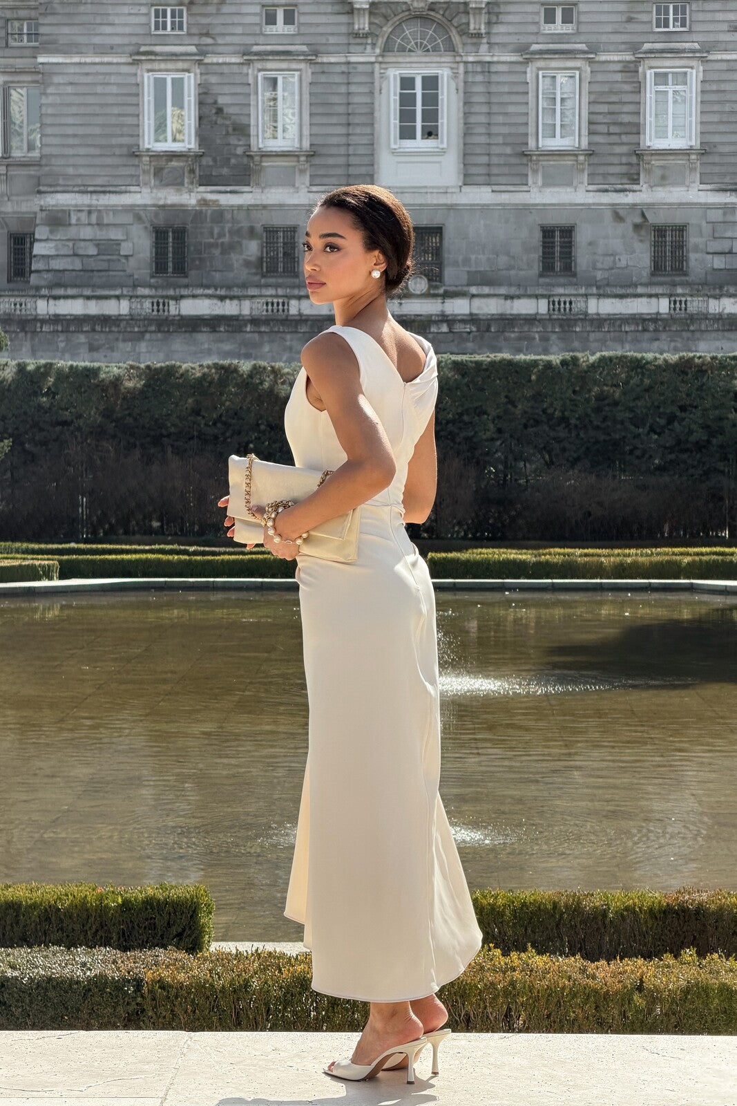 LIGHT BEIGE MIDI DRESS WITH DRAPED NECKLINE