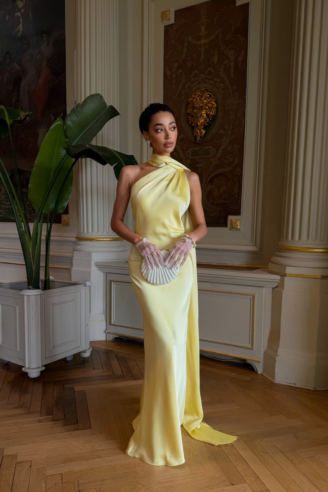 LIGHT YELLOW LONG DRESS WITH CAPE