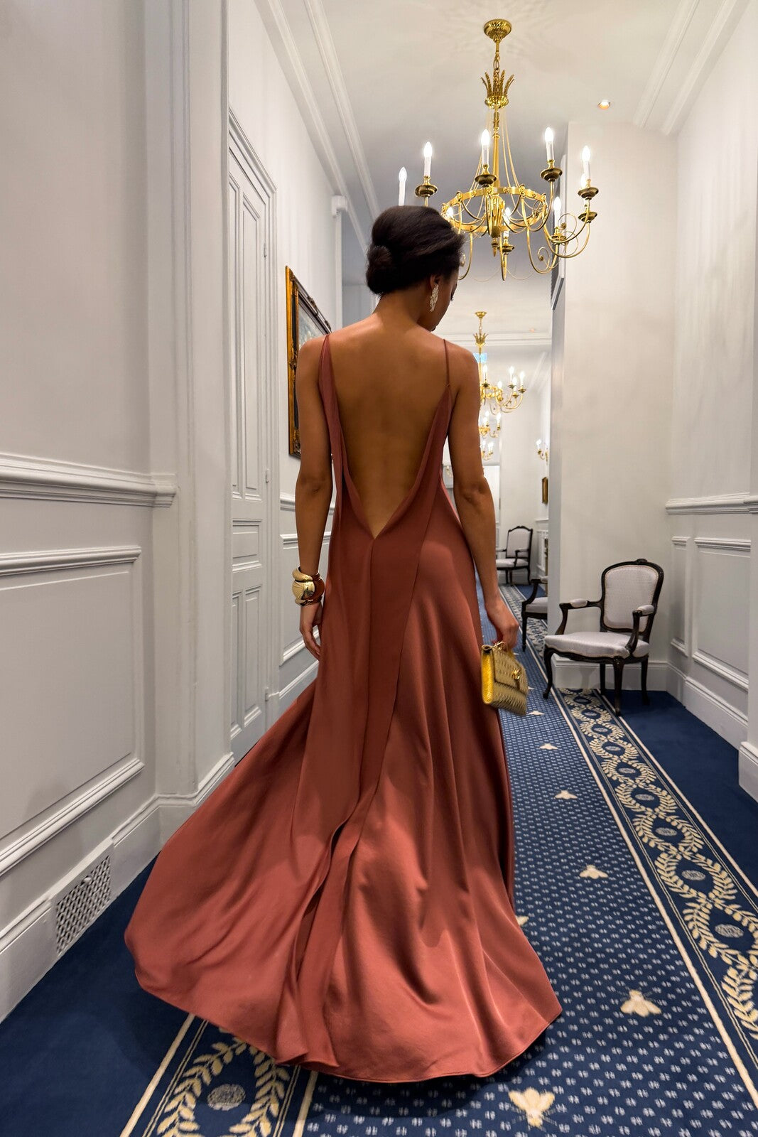 DARK TERRACOTTA DRESS WITH DEEP BACK NECKLINE - KAO DARK TERRACOTTA DRESS WITH DEEP BACK NECKLINE - KAO