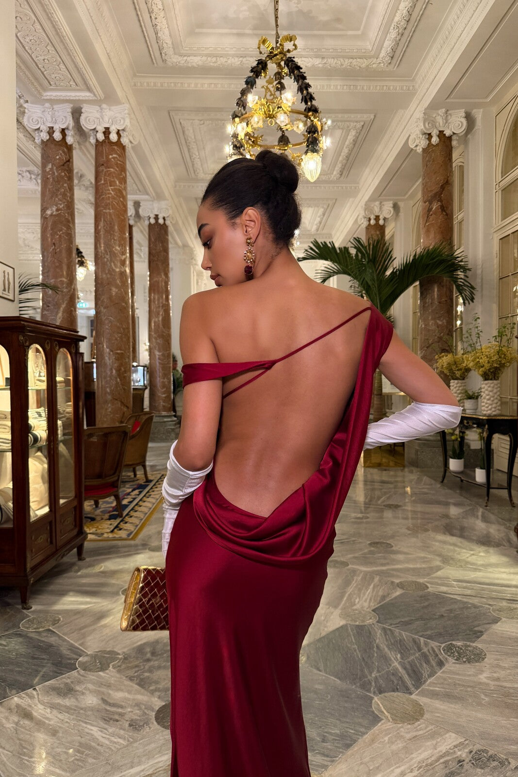 LONG BORDEAUX OFF-SHOULDER DRESS
