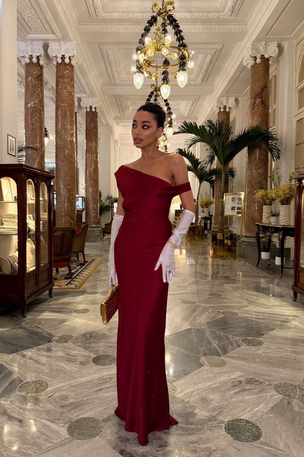 LONG BORDEAUX OFF-SHOULDER DRESS