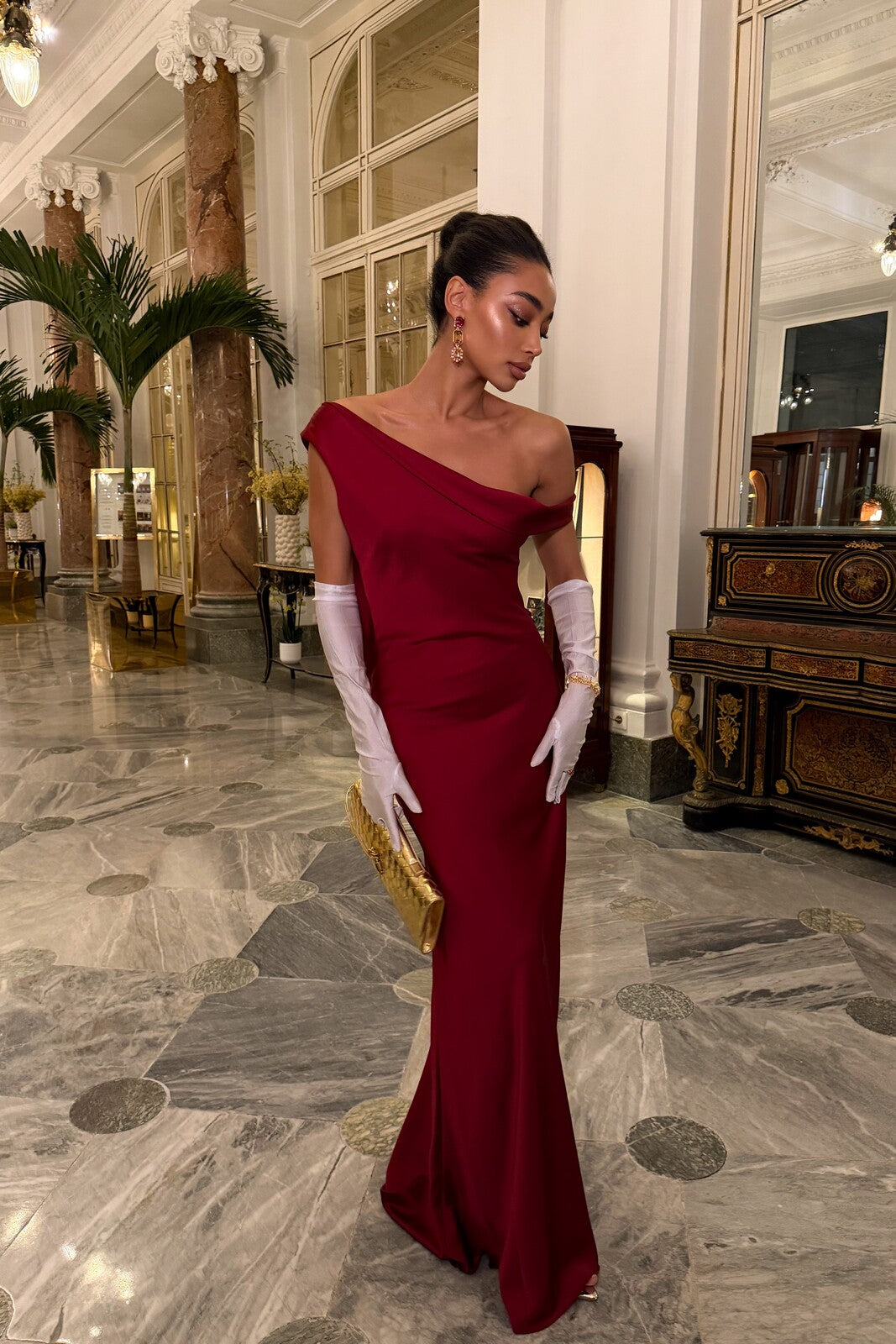 LONG BORDEAUX OFF-SHOULDER DRESS