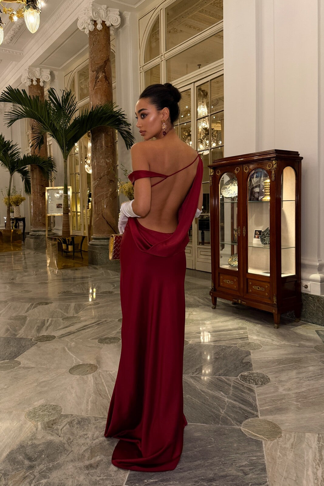 LONG BORDEAUX OFF-SHOULDER DRESS