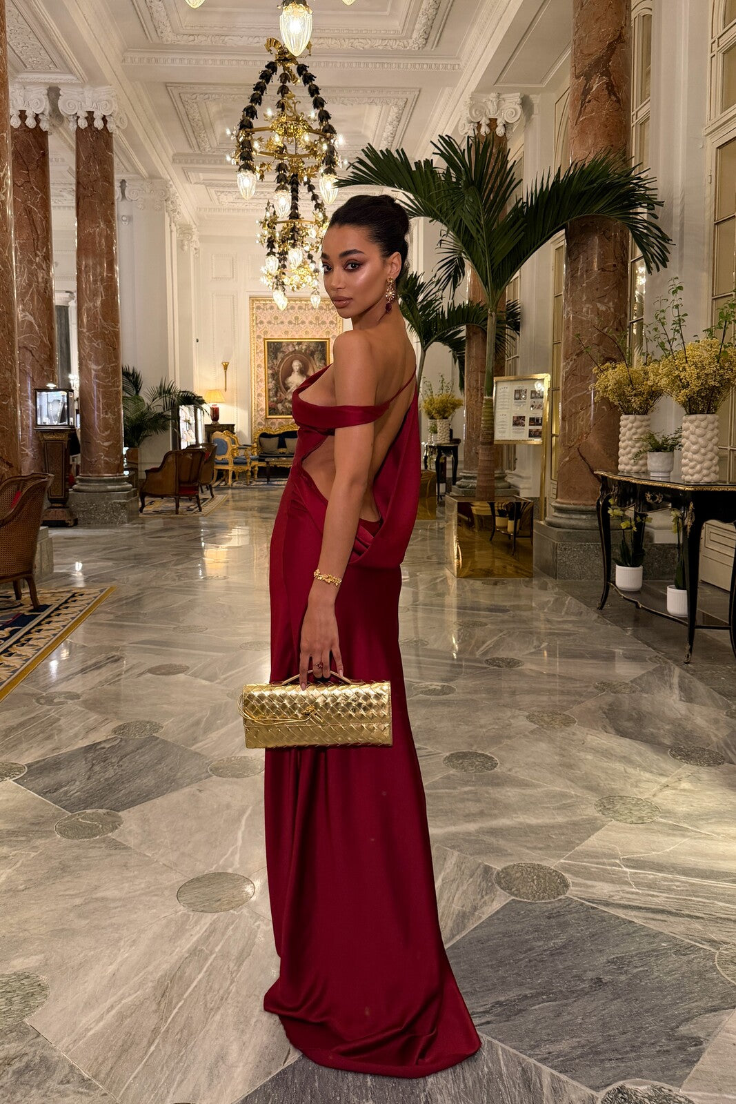 LONG BORDEAUX OFF-SHOULDER DRESS