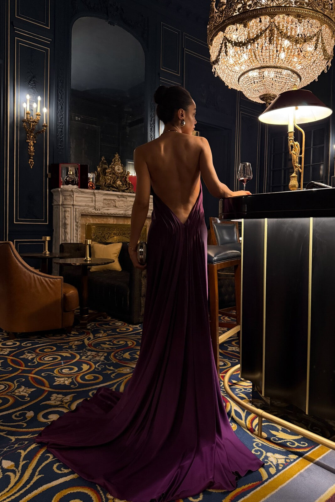 VIOLET DRESS WITH NECK DETAIL AND OPEN BACK