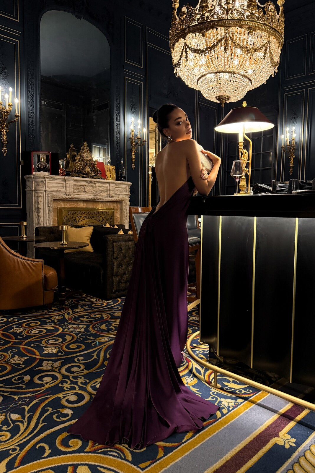 VIOLET DRESS WITH NECK DETAIL AND OPEN BACK
