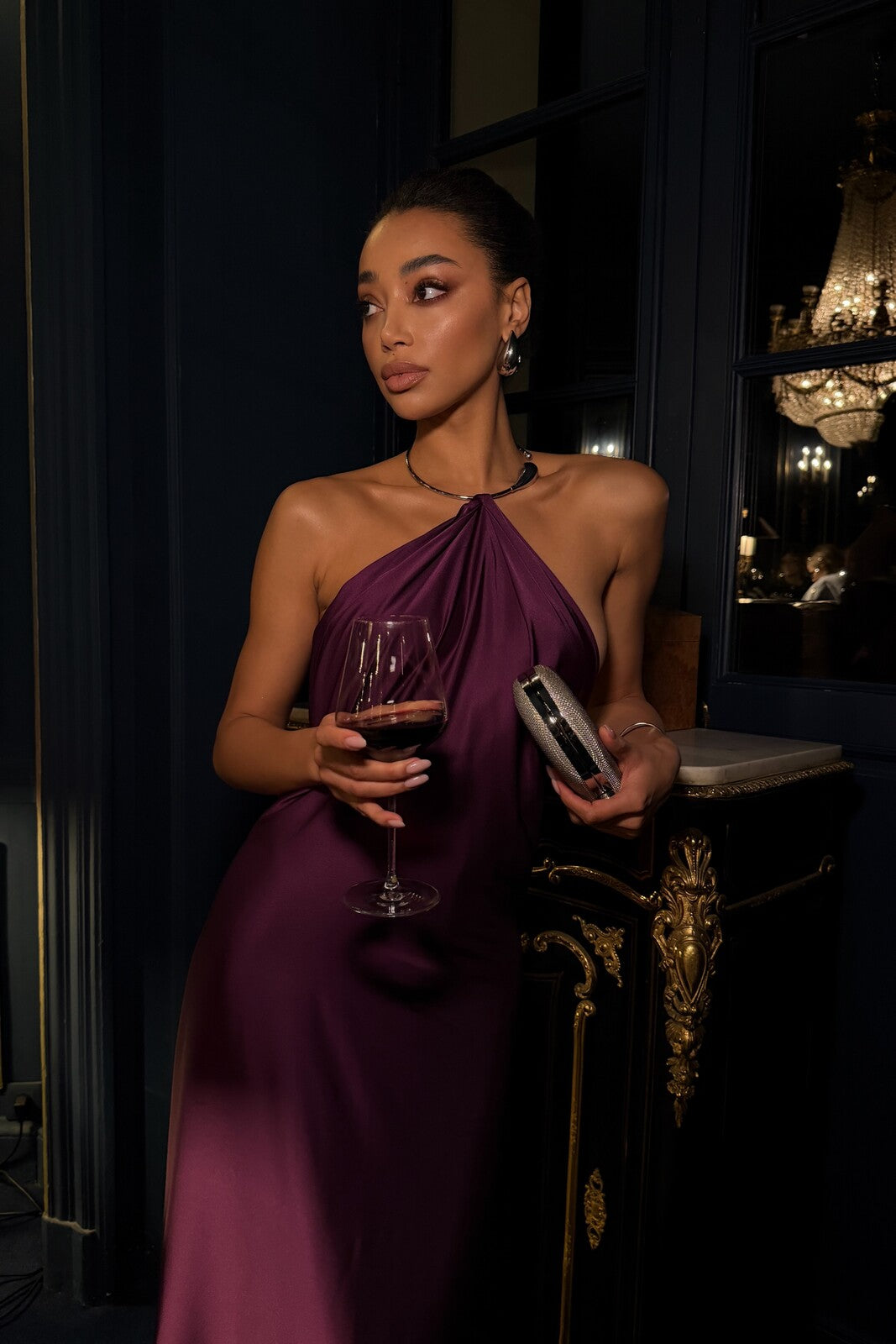 VIOLET DRESS WITH NECK DETAIL AND OPEN BACK