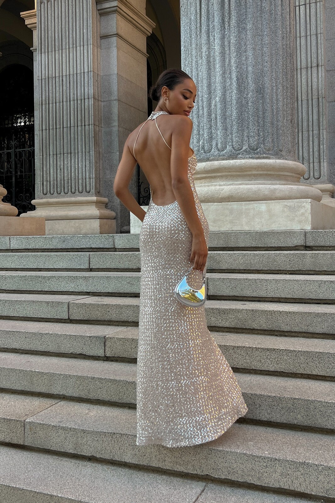 LONG SILVER SEQUIN DRESS