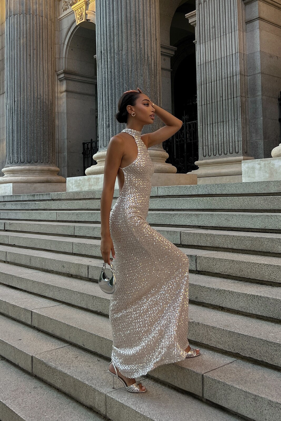 LONG SILVER SEQUIN DRESS