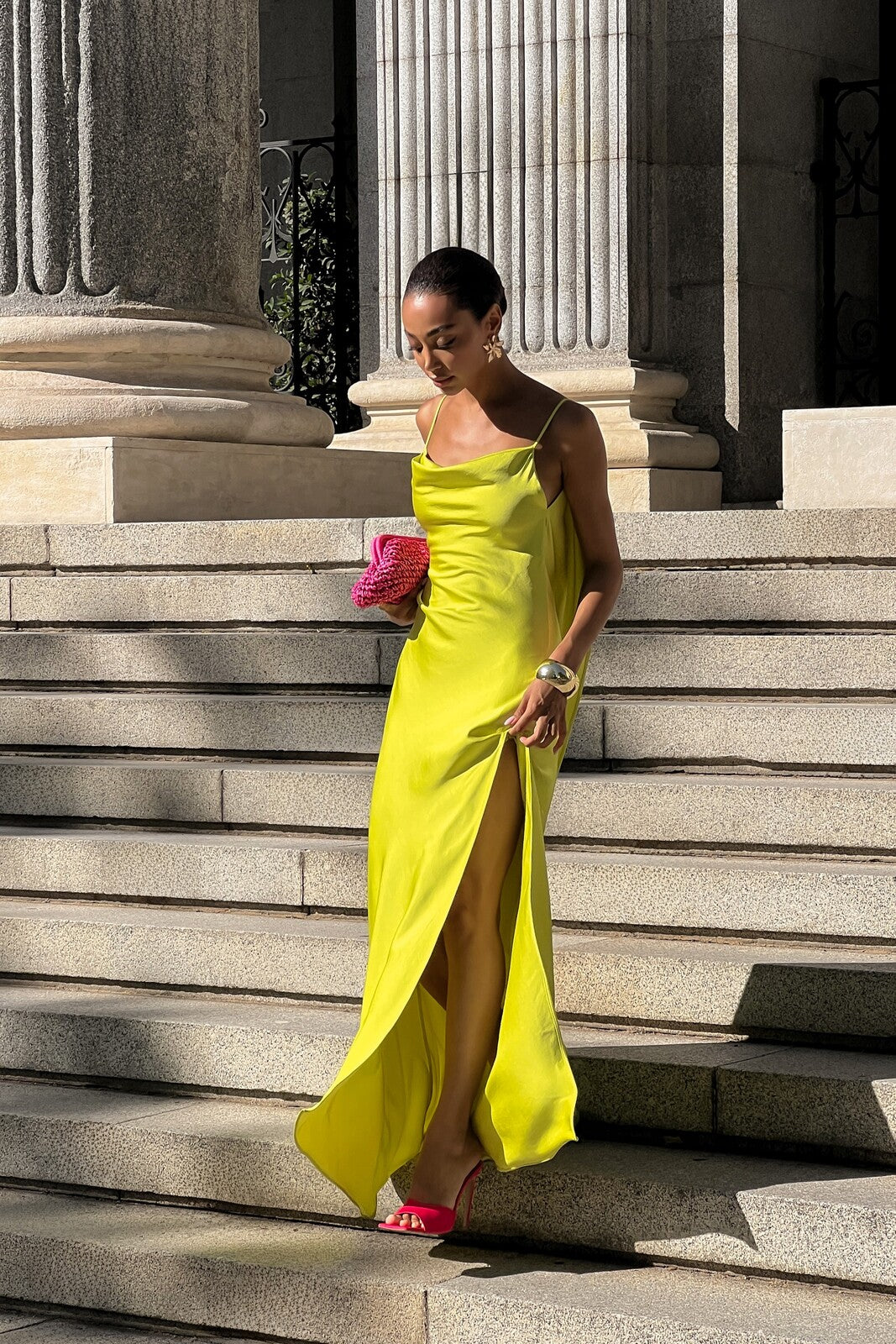 lime green yellow dress Lime green draped dress in silk foiled tulle with chain and gloves