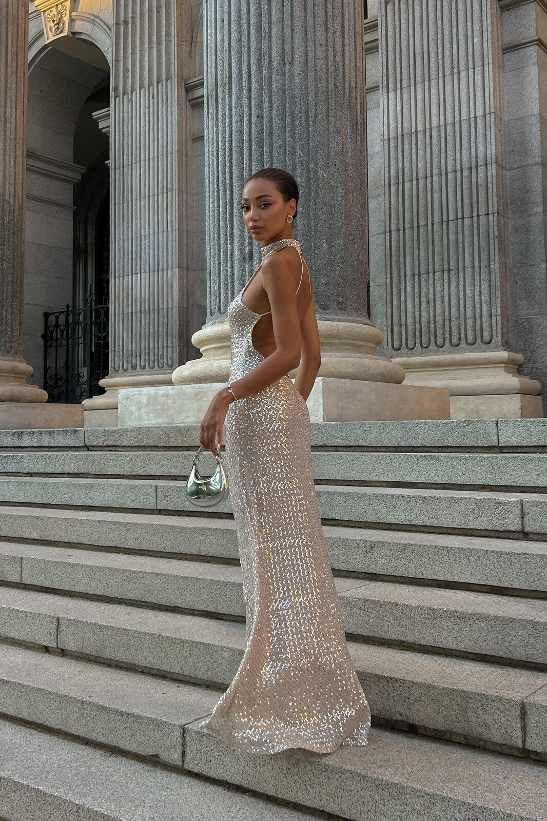 LONG SILVER SEQUIN DRESS