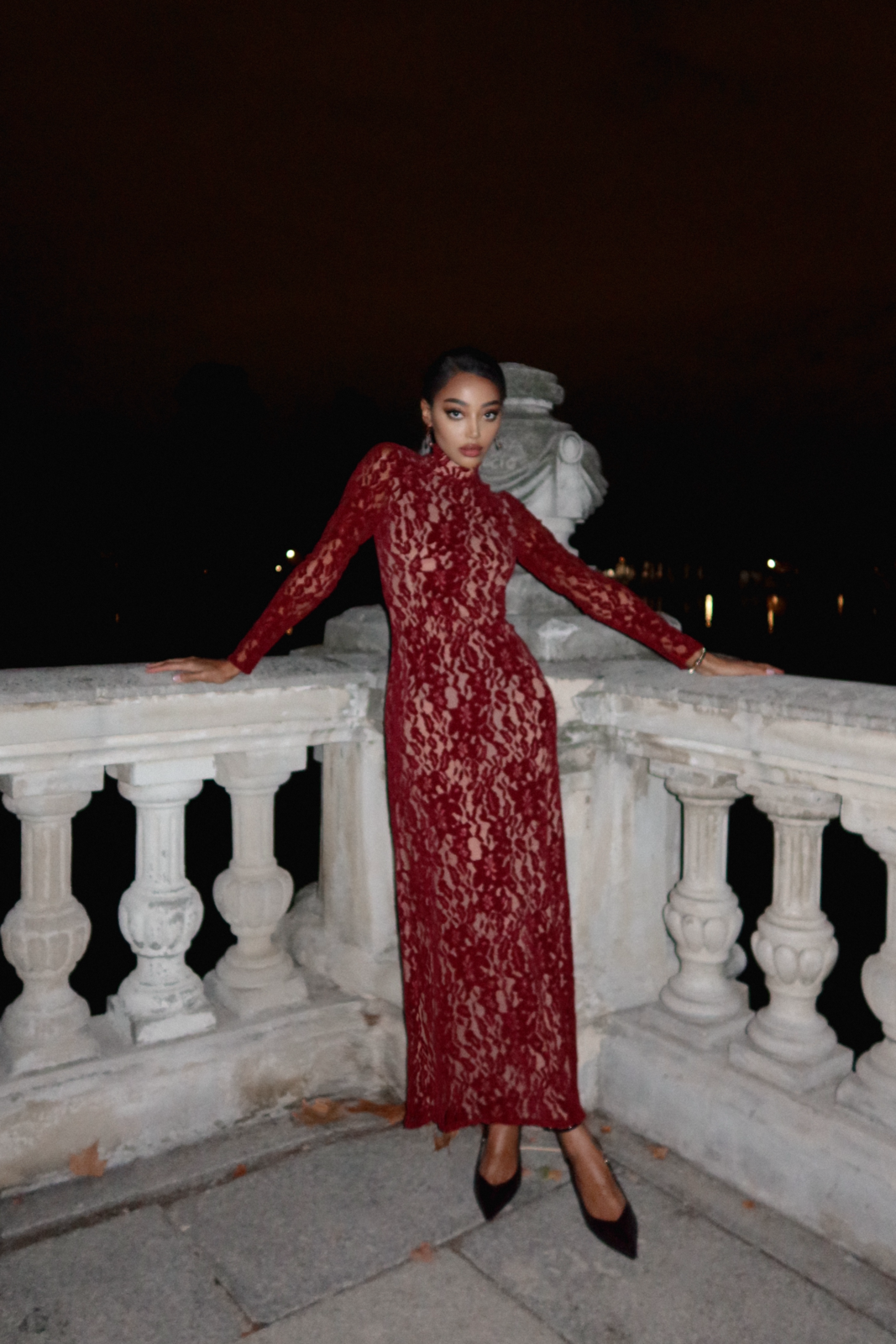 LONG BORDEAUX LACE DRESS