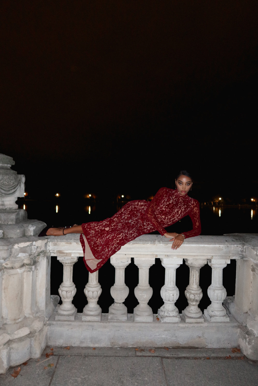 LONG BORDEAUX LACE DRESS
