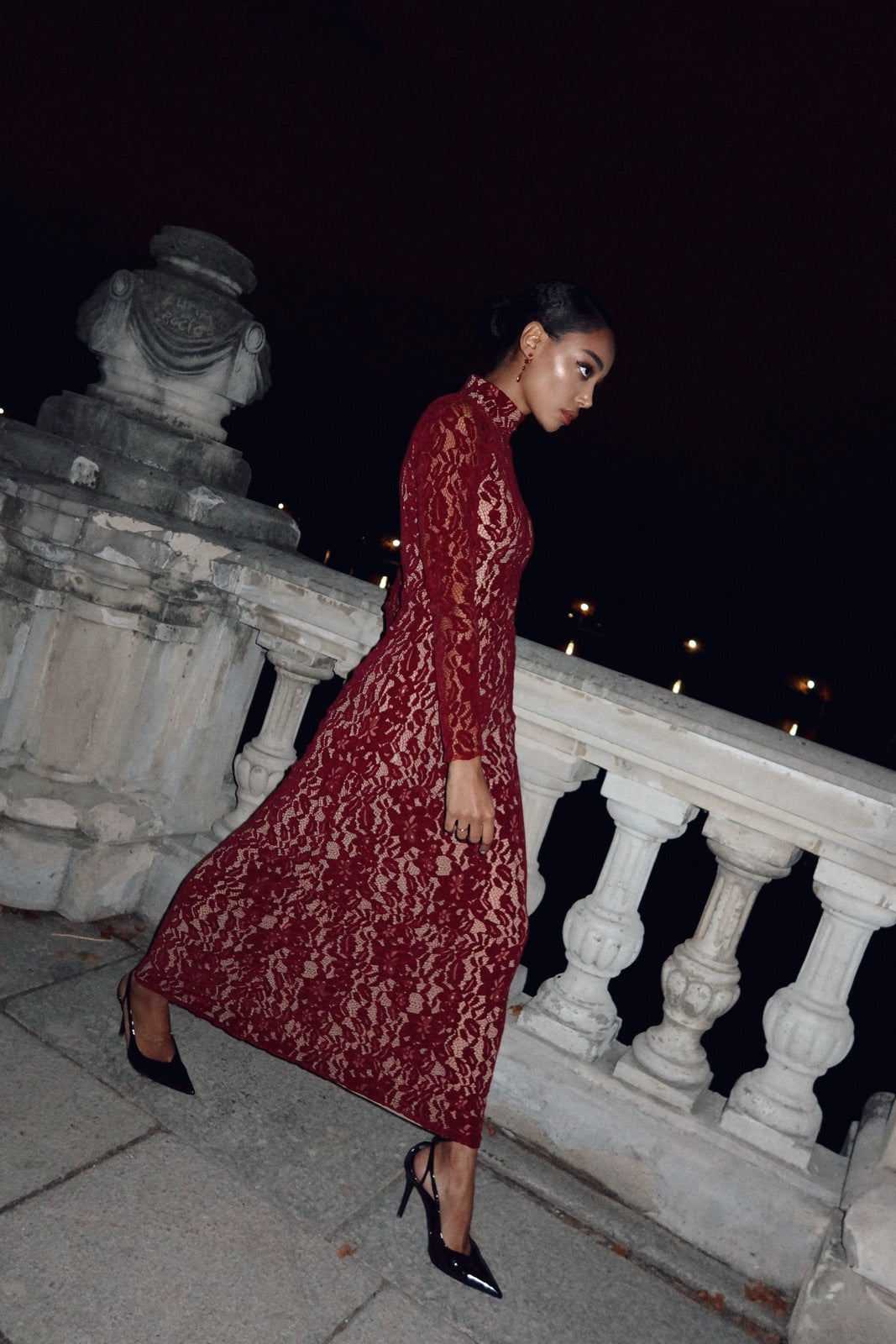 LONG BORDEAUX LACE DRESS