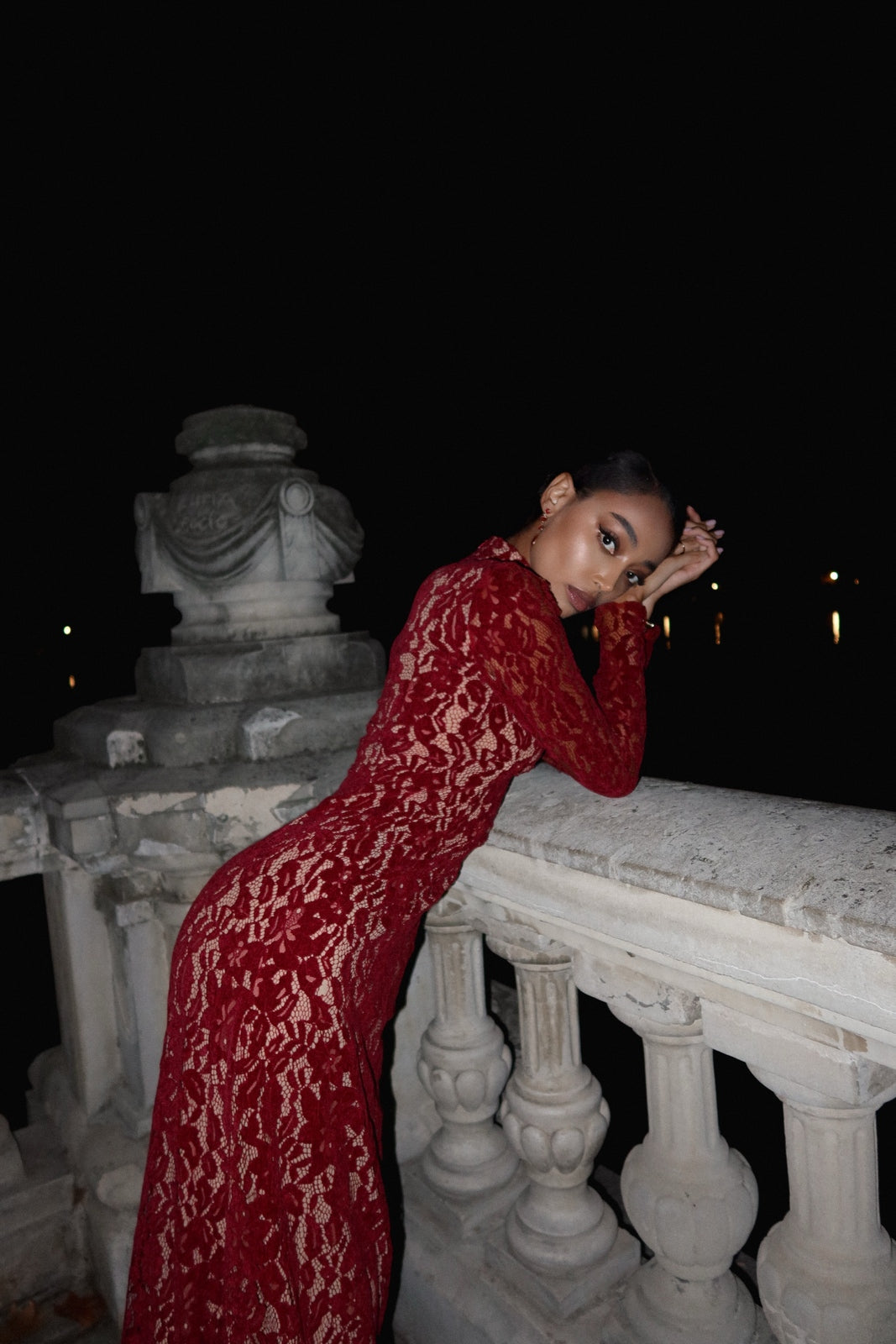 LONG BORDEAUX LACE DRESS