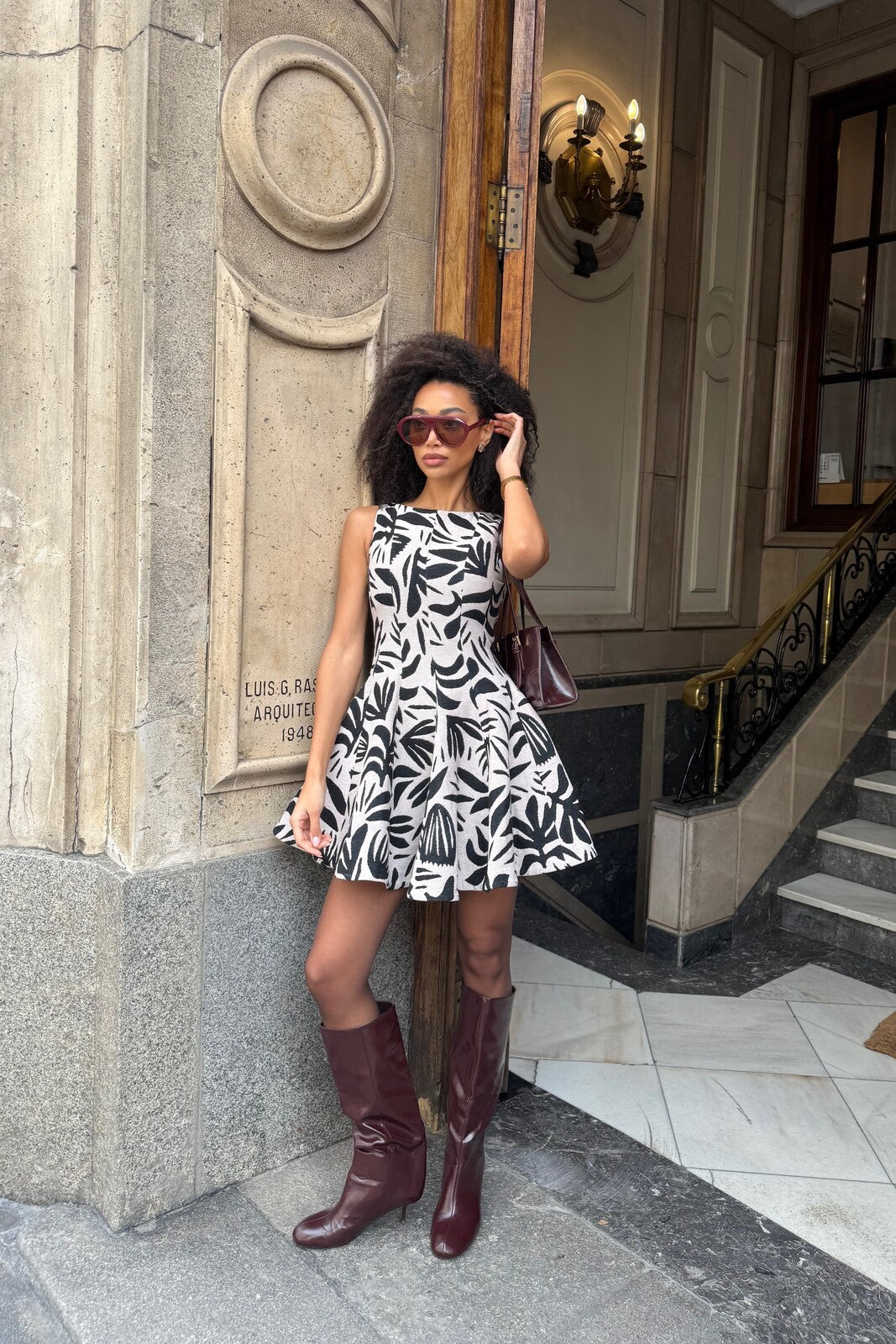 black and white dress with brown boots black-white-check-double-breasted-pinafore-dress -turtleneck-layer-beret-knee-boots-classic-style12 - MEMORANDUM