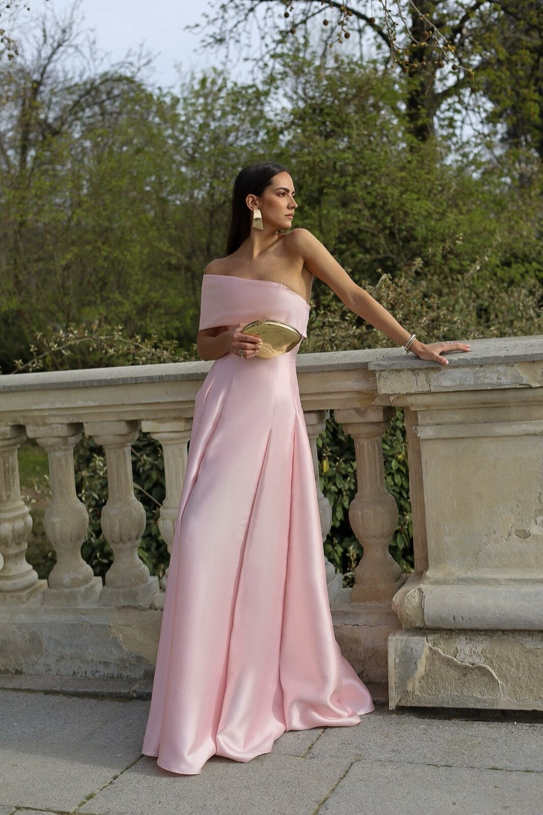 VESTIDO MIKADO ROSA CLARO LARGO