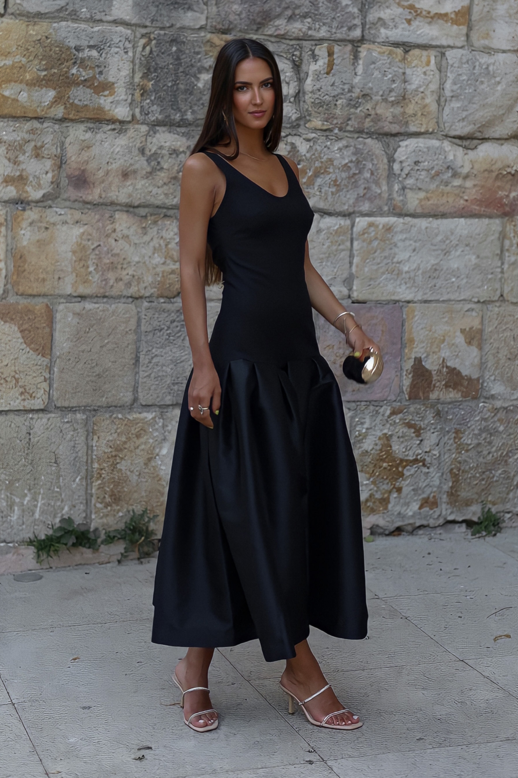 BLACK DRESS WITH PLEATS ON THE SKIRT - KAO BLACK DRESS WITH PLEATS ON THE SKIRT - KAO