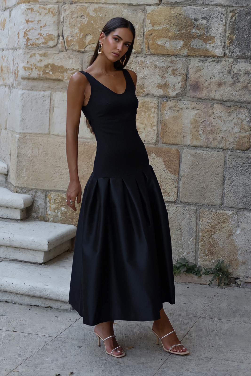 black dress with pleats A.L.C. Moira Satin Pleated Maxi in Black, Size 4 maxi length v neckline thin adjustable straps back invisible zip with hook and eye clasp pleated satin fabric soft feel partially lined Theory Crew Neck Pleated Midi